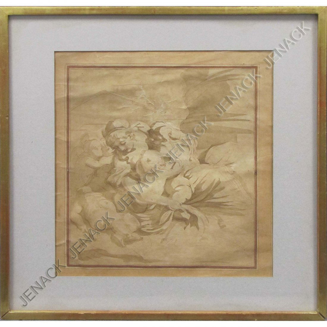 ITALIAN RENAISSANCE OLD MASTER PEN AND INK WASH: ITALIAN RENAISSANCE OLD MASTER PEN AND INK WASH FIGURAL STUDY. 10 1/2 X 9 1/2"; FRAMED AND GLAZED 14 1/2 X 14 1/2"