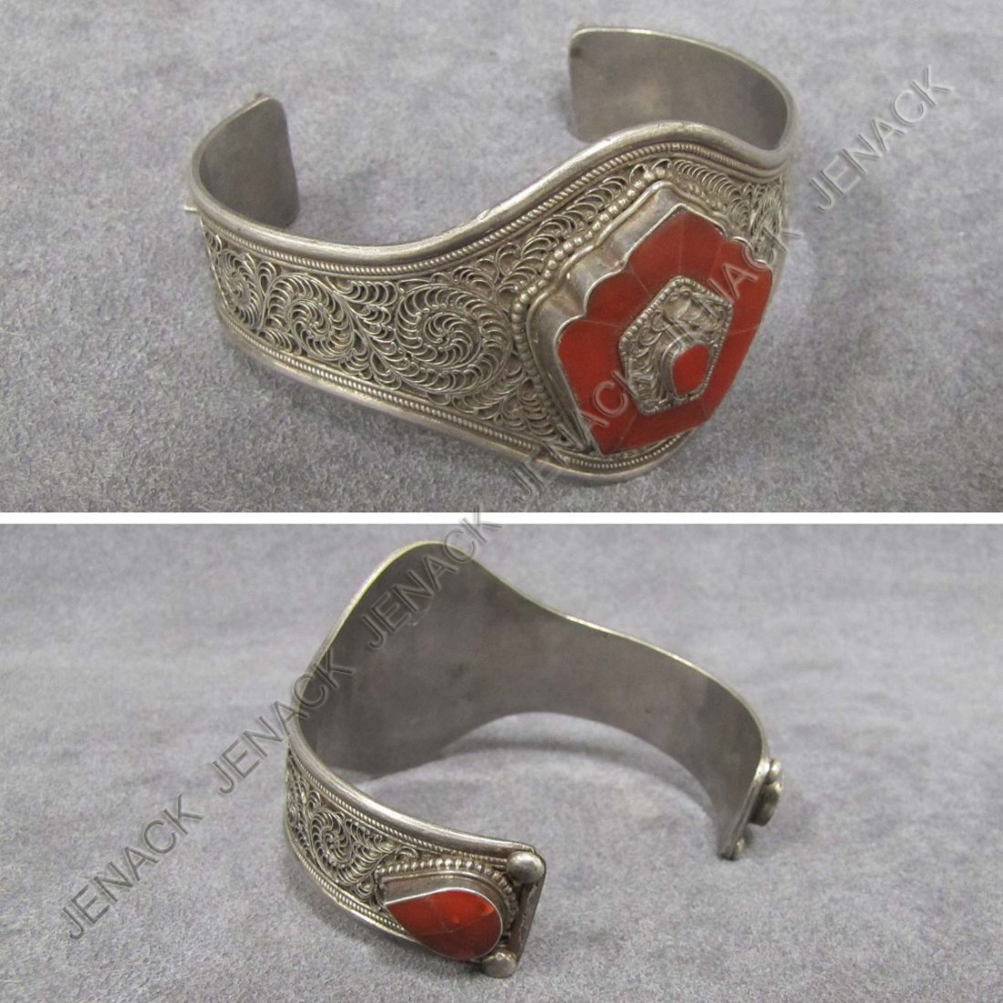MIDDLE EASTERN SILVER & CARNELIAN INLAID BRACELET: MIDDLE EASTERN SILVER AND CARNELIAN INLAID BRACELET. WIDTH 3/4" - 1 5/8"; GROSS WEIGHT 1.42 OZT