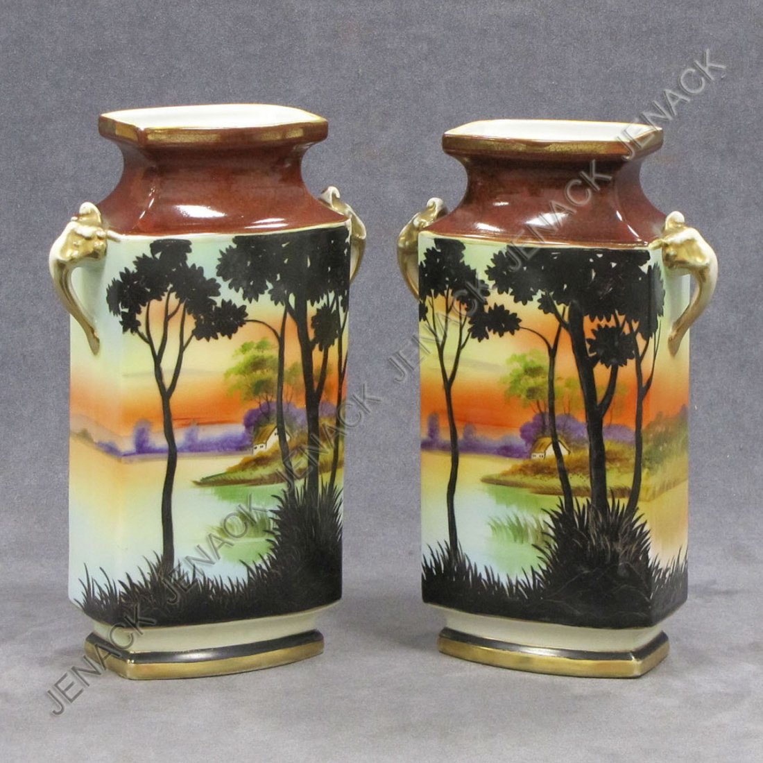 PAIR JAPANESE HAND DECORATED PORCELAIN NIPPON VASE: PAIR JAPANESE HAND DECORATED PORCELAIN NIPPON VASES. HEIGHT 10"
