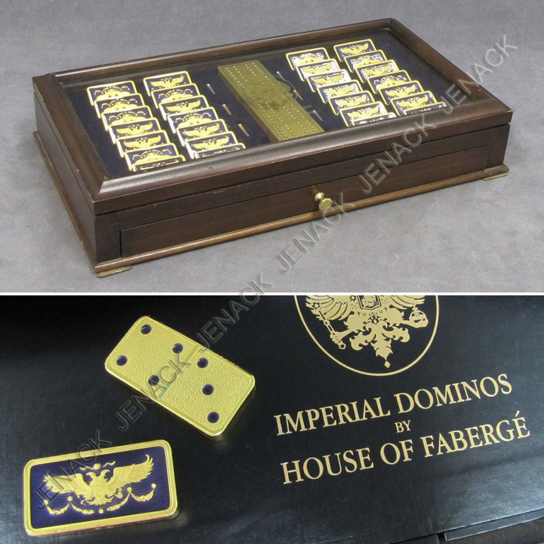 FABERGE GOLD PLATE/GUILLOCHE ENAMEL DOMINO/CRIBBAG: FABERGE GOLD PLATE/GUILLOCHE ENAMEL DOMINO/CRIBBAGE BOARD SET, CASED. 9 X 15 1/2"