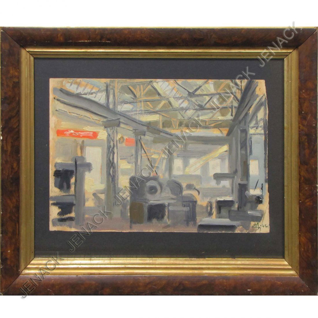 ALEXANDER DEYNEKA (RUSSIAN 1899-1969), OIL: ALEXANDER DEYNEKA (RUSSIAN 1899-1969), OIL ON PAPER, FACTORY INTERIOR, SIGNED 1945. SHEET 9 X 12 3/4"; FRAMED AND GLAZED 15 1/2 X 19"