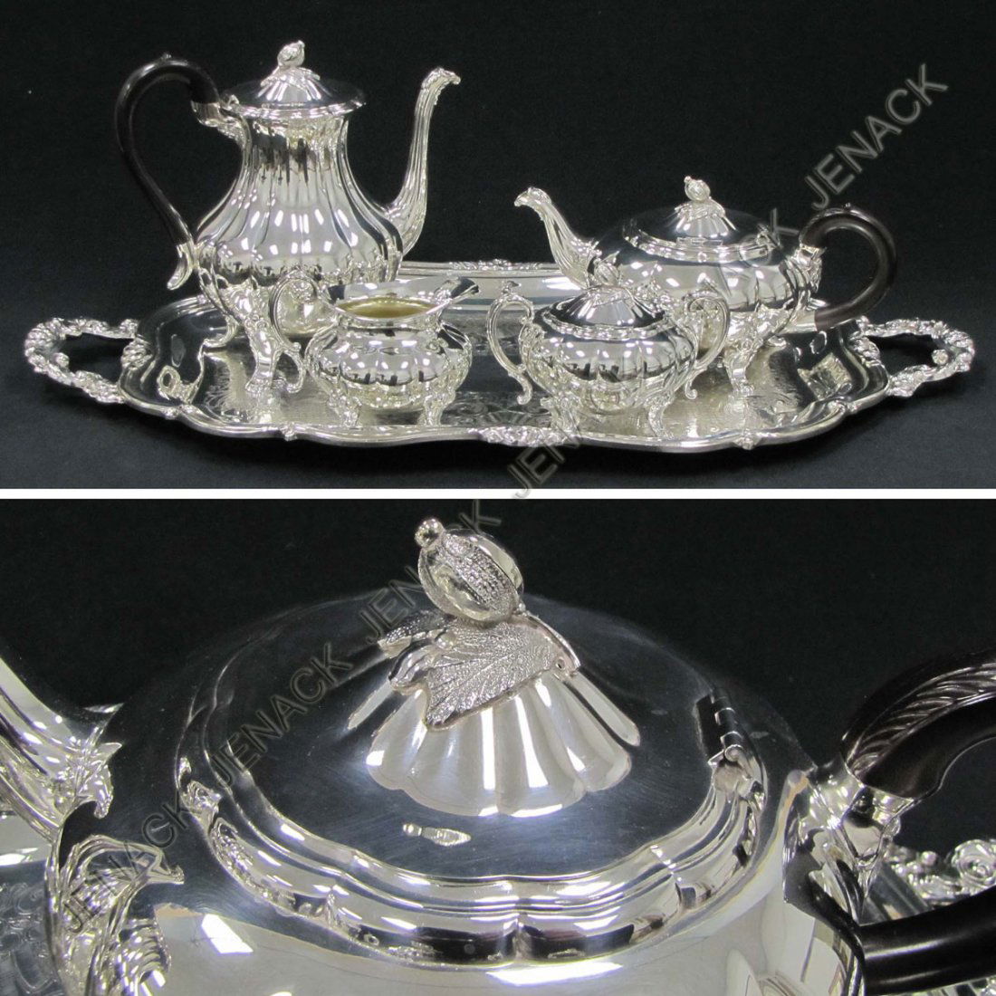 SET (5) HEIRLOOM SILVER PLATE "MELLON" PATTERN: SET (5) HEIRLOOM SILVER PLATE "MELLON" PATTERN COFFEE/TEA SERVICE INCLUDING TRAY, LENGTH 27"; SUGAR/CREAMER, HEIGHT 4-4 1/2"; TEAPOT, HEIGHT 6"; COFFEE POT, HEIGHT 9 1/2"