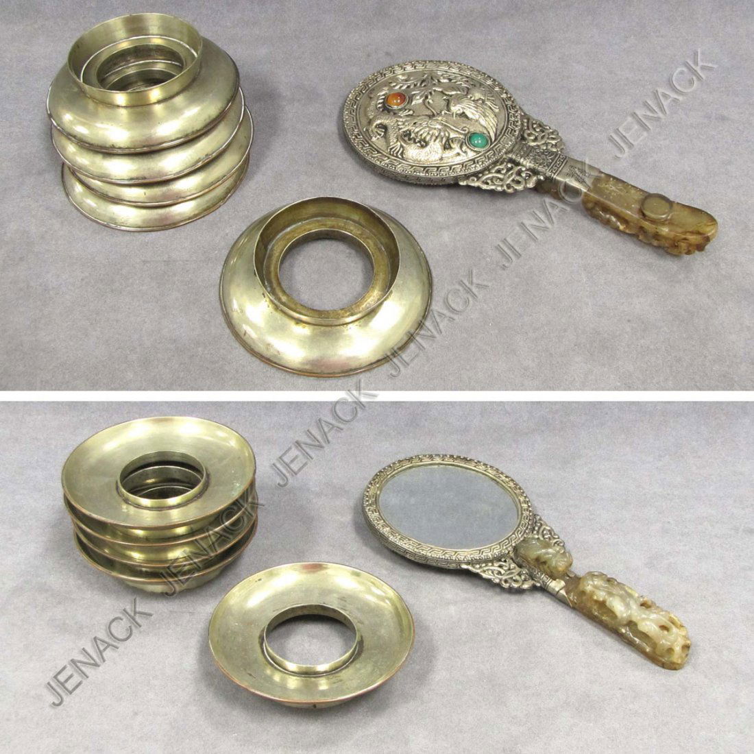 LOT (6) INCLUDING CHINESE JADE BELT HOOK: LOT (6) INCLUDING CHINESE JADE BELT HOOK MOUNTED AS HAND MIRROR, HEIGHT 9 1/4"; (5) CHINESE SILVER PLATED STEM CUP STANDS, DIAMETER 4 1/4"