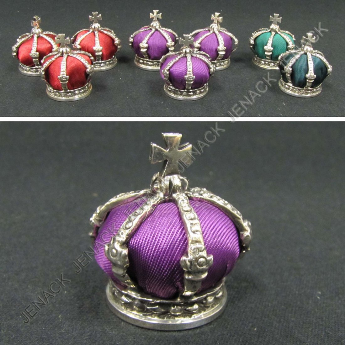 LOT (8) FABERGE STERLING SILVER IMPERIAL CROWN: LOT (8) FABERGE STERLING SILVER IMPERIAL CROWN PLACE CARD HOLDERS, SIGNED. HEIGHT 1 1/2"