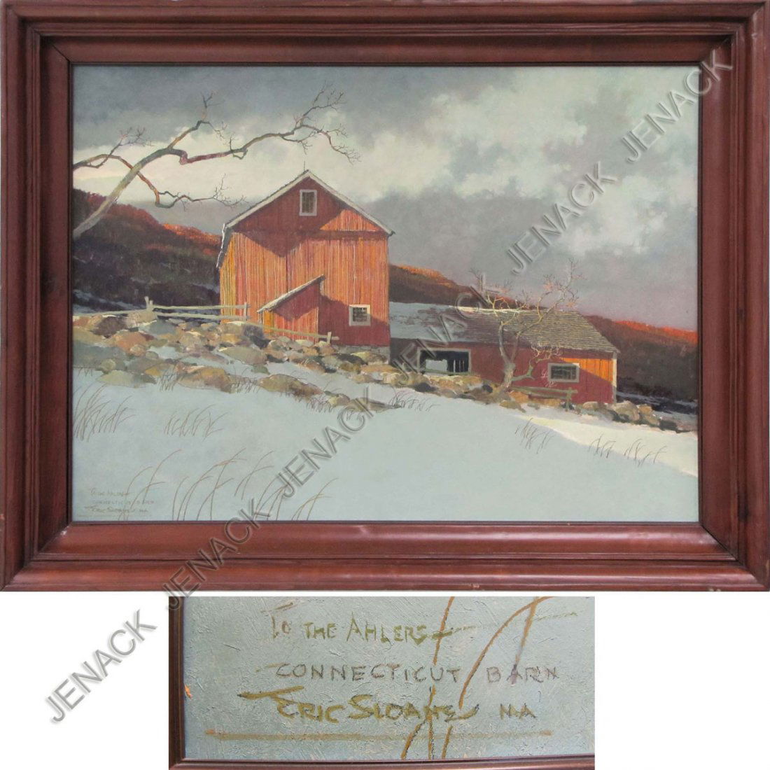ERIC SLOANE (AMERICAN 1905-1985) OIL ON PANEL: ERIC SLOANE (AMERICAN 1905-1985) OIL ON PANEL, CONNECTICUT BARN, SIGNED, TITLED AND INSCRIBED "TO THE AHLER'S". 29 X 39"; FRAMED 36 X 46"