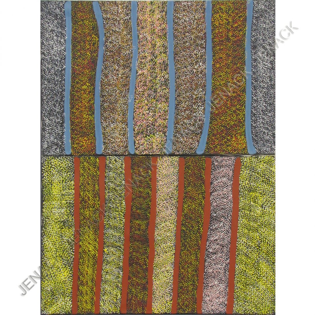JEANNIE PETYARRE (ABORIGINAL AUSTRALIA): JEANNIE PETYARRE (ABORIGINAL AUSTRALIA 20TH CENTURY), LOT (2) ACRYLIC ON CANVAS, DOT ABSTRACTS, SIGNED. 24 X 36" PROVENANCE: SOUL OF AUSTRALIA GALLERY-LABELS VERSO