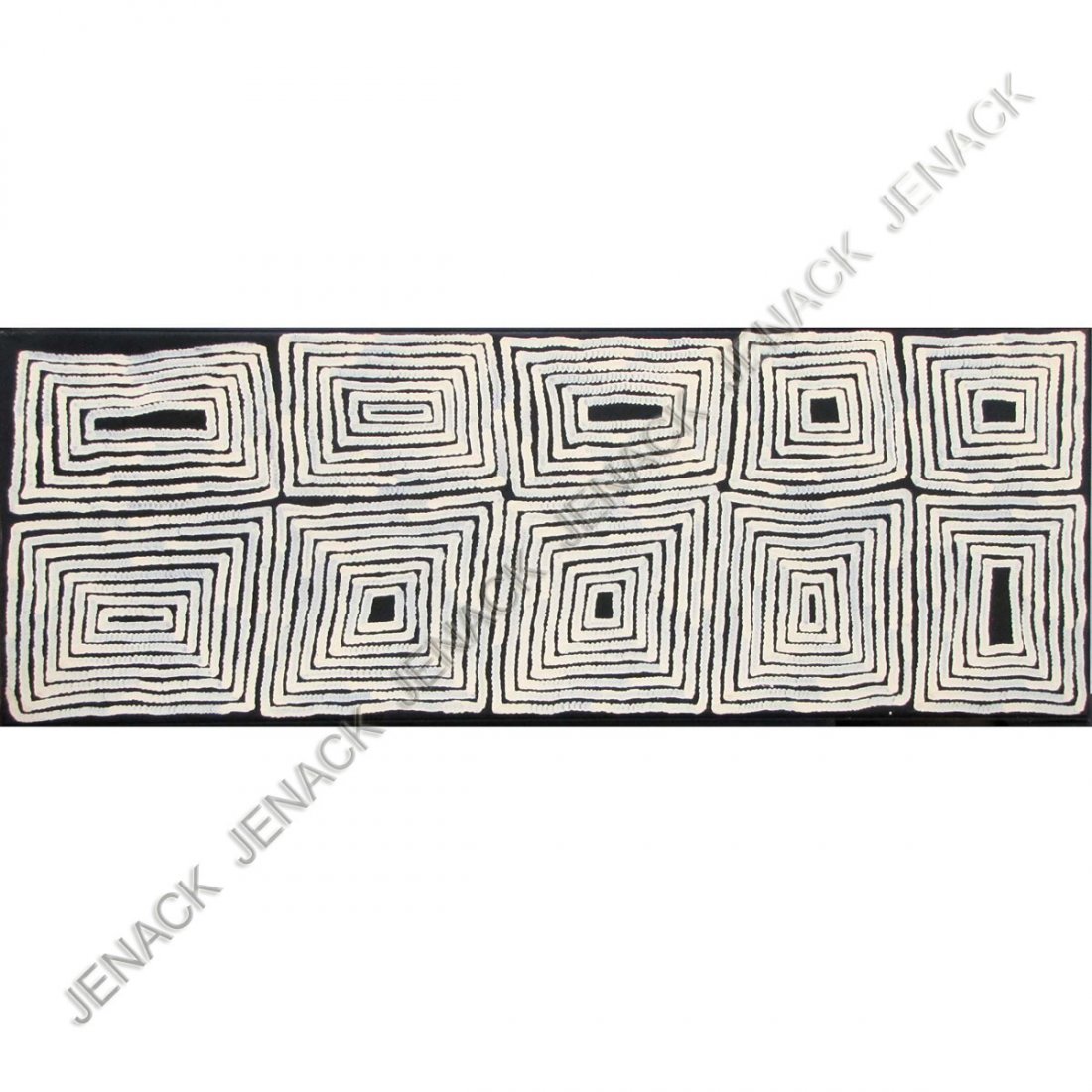RONNIE TJAMPINTJINPA, ACRYLIC ON CANVAS: RONNIE TJAMPINTJINPA (ABORIGINAL AUSTRALIA 20TH CENTURY), ACRYLIC ON CANVAS, "TINGARI", SIGNED. 23 X 65" PROVENANCE: SOUL OF AUSTRALIA GALLERY-LABEL, COA & PICTURES OF ARTIST PAINTING THIS WORK VERSO