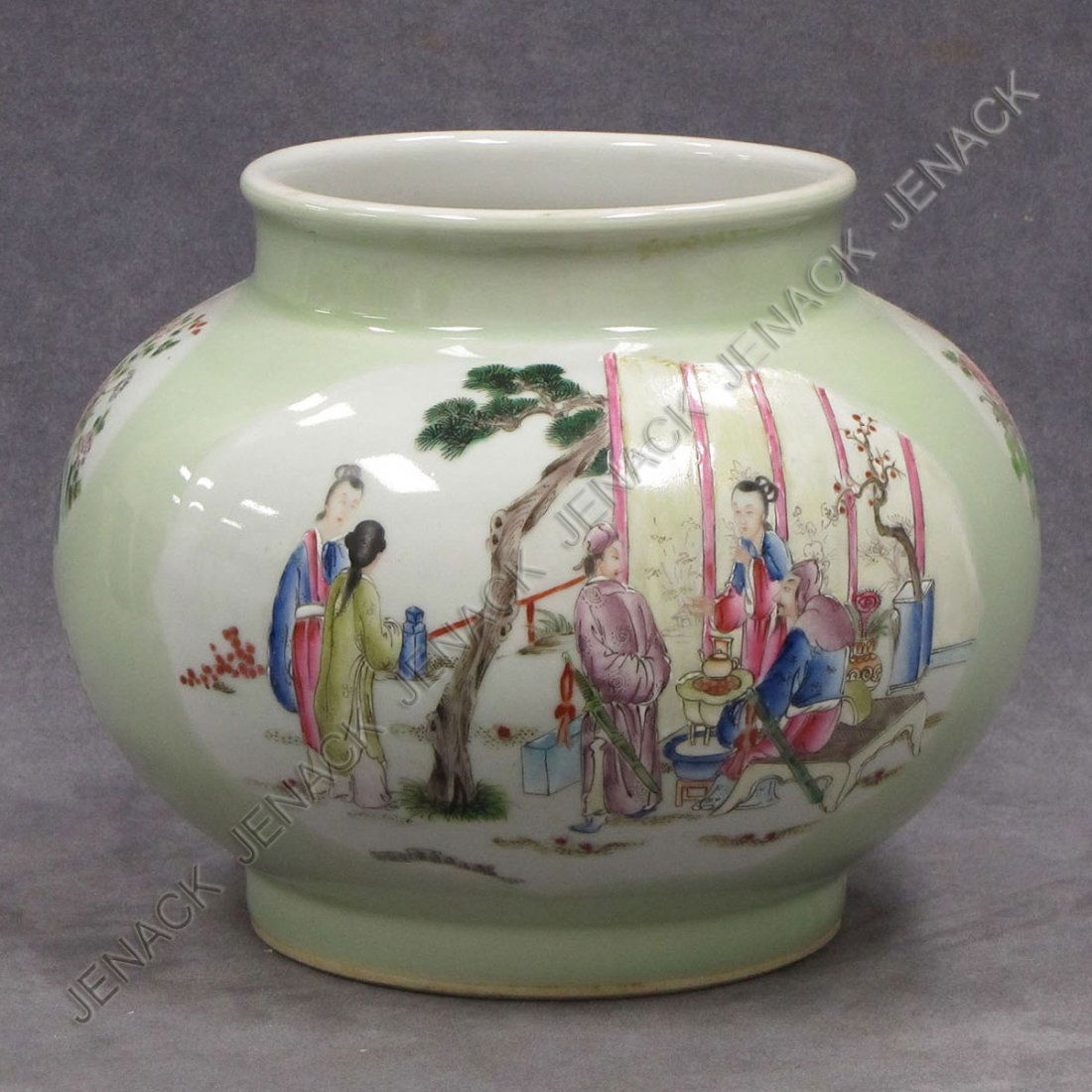 CHINESE FAMILLE ROSE DECORATED PORCELAIN JAR: CHINESE FAMILLE ROSE DECORATED PORCELAIN JAR, BEARING CHIA CH'ING MARK. HEIGHT 8"