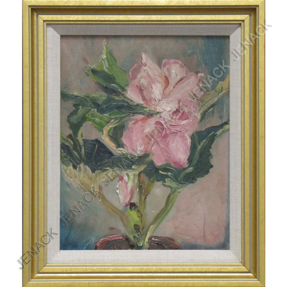 ERNEST FIENE (AMERICAN NEW YORK 1894-1965), OIL: ERNEST FIENE (AMERICAN NEW YORK 1894-1965), OIL ON MASONITE, BEGONIA, SIGNED 1964. 9 3/4 X 8", FRAMED 12 1/2 X 10 1/2"