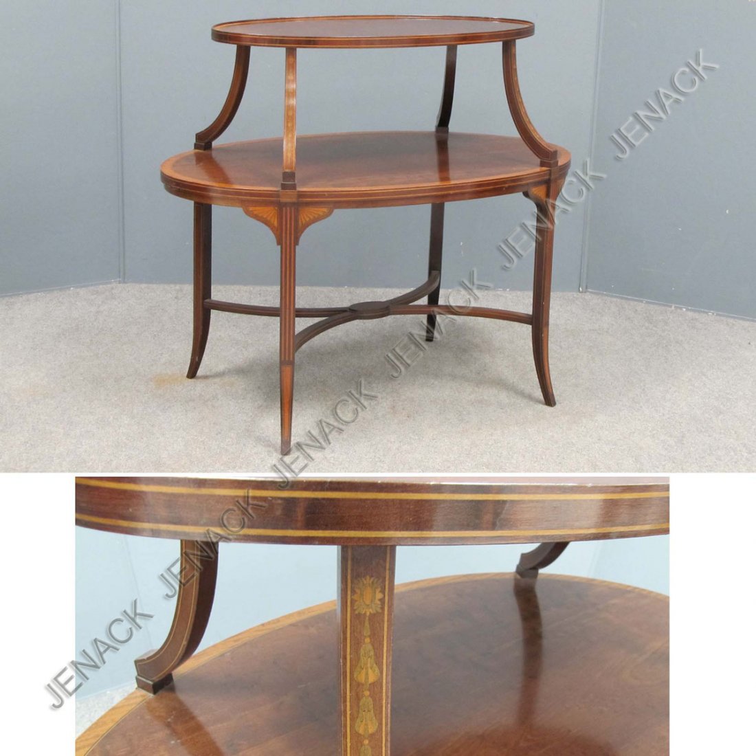SHERATON STYLE CARVED AND INLAID MAHOGANY STAND: SHERATON STYLE CARVED AND INLAID MAHOGANY DOUBLE TIER STAND. HEIGHT 30"; LENGTH 35"