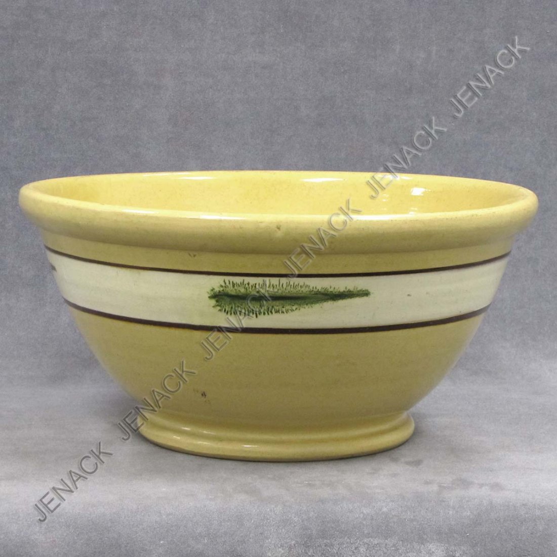 MOCHA DECORATED YELLOWARE MIXING BOWL: MOCHA DECORATED YELLOWARE MIXING BOWL, GREEN SEAWEED DECORATION, 19TH CENTURY. HEIGHT 7"; DIAMETER 15"
