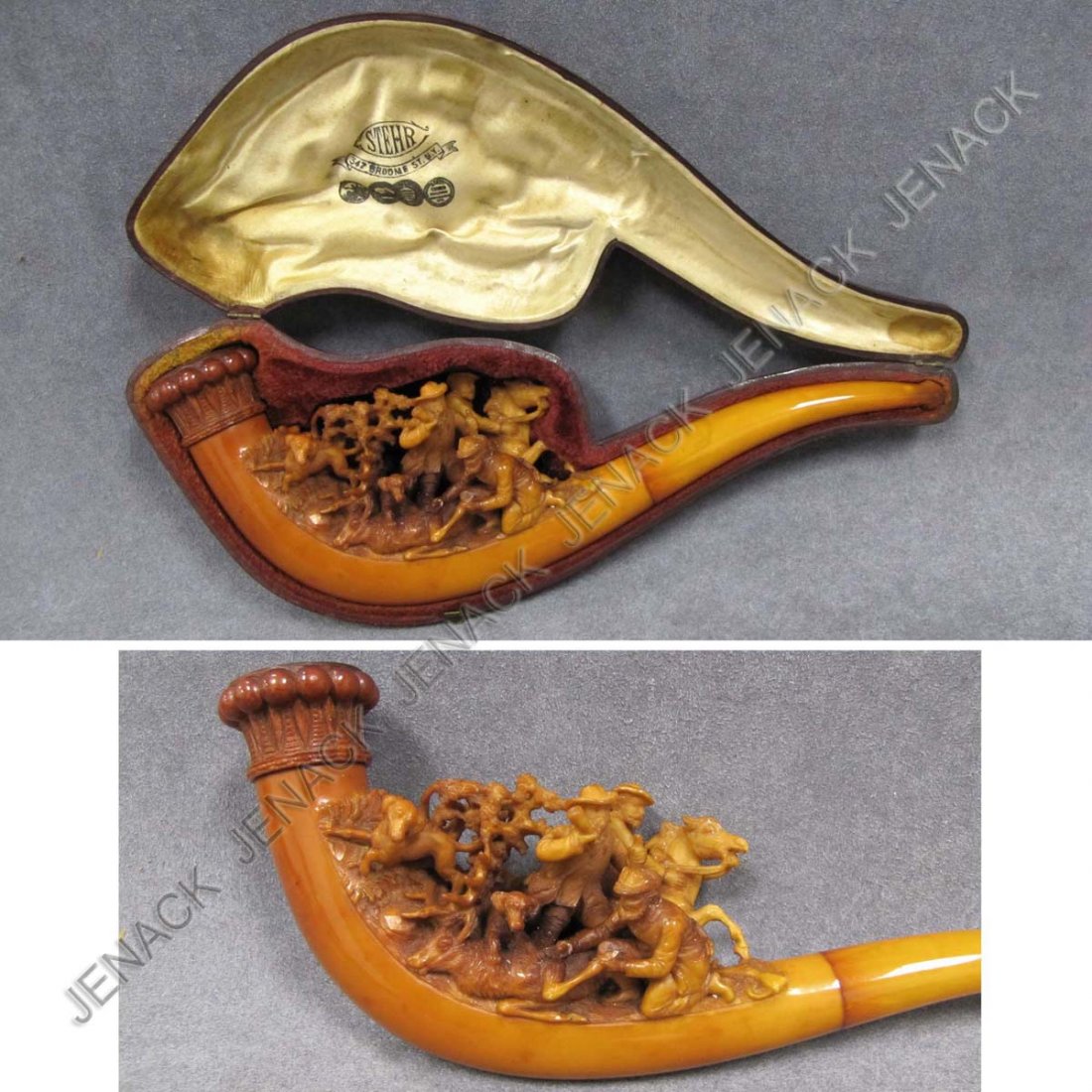 VINTAGE CARVED MEERSCHAUM HUNT SCENE PIPE: VINTAGE CARVED MEERSCHAUM HUNT SCENE PIPE, 19/20TH CENTURY. LENGTH 9 1/2"