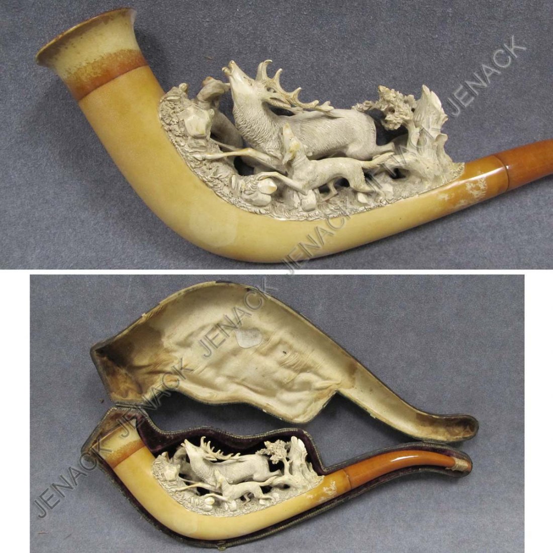 VINTAGE CARVED MEERSCHAUM DEER HUNT PIPE: VINTAGE CARVED MEERSCHAUM DEER HUNT PIPE, 19/20TH CENTURY. LENGTH 10"