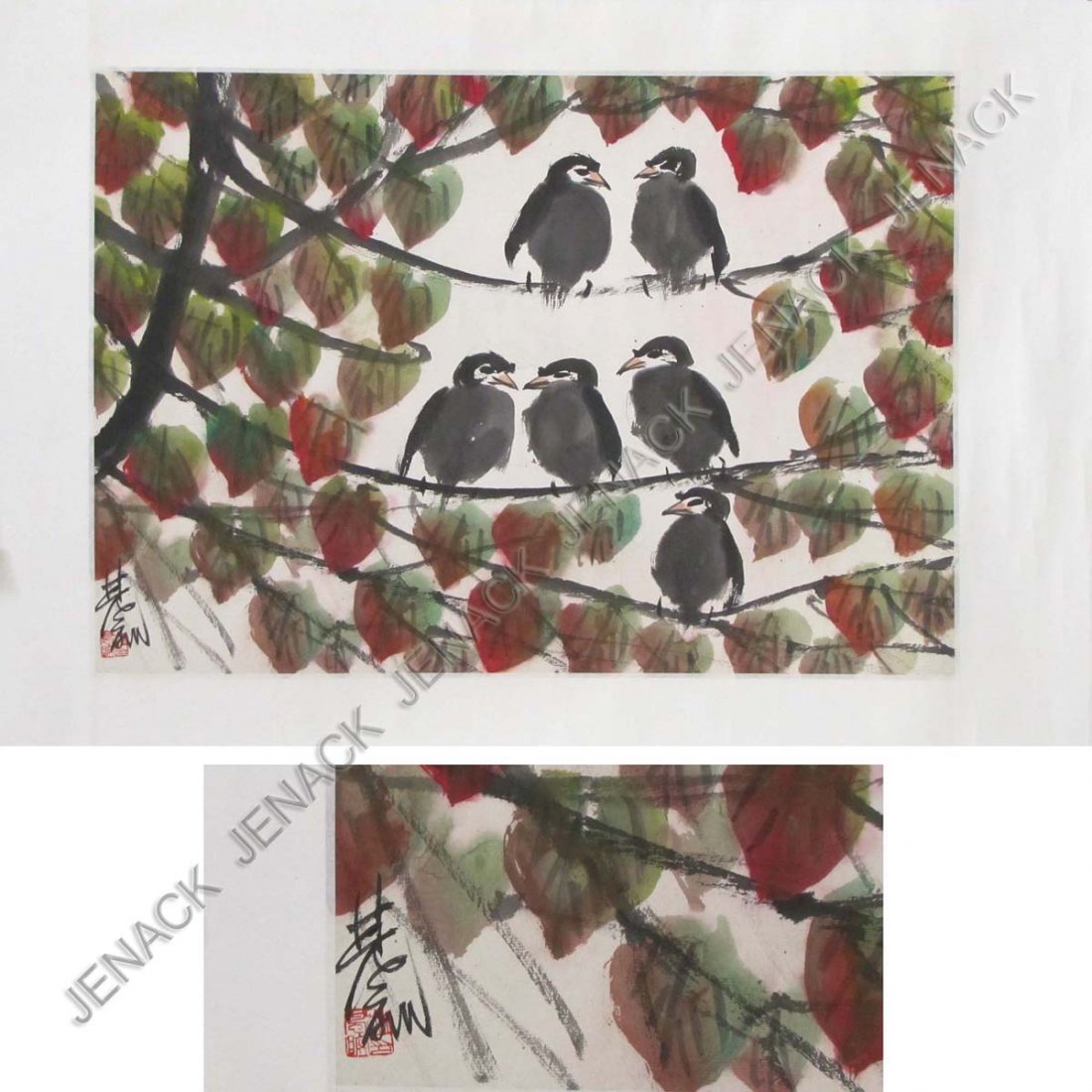 FENG MIAN LING, CHINESE INK SCROLL PAINTING : FENG MIAN LING, CHINESE INK SCROLL PAINTING ON PAPER, BIRDS, SIGNED. 18 X 25"