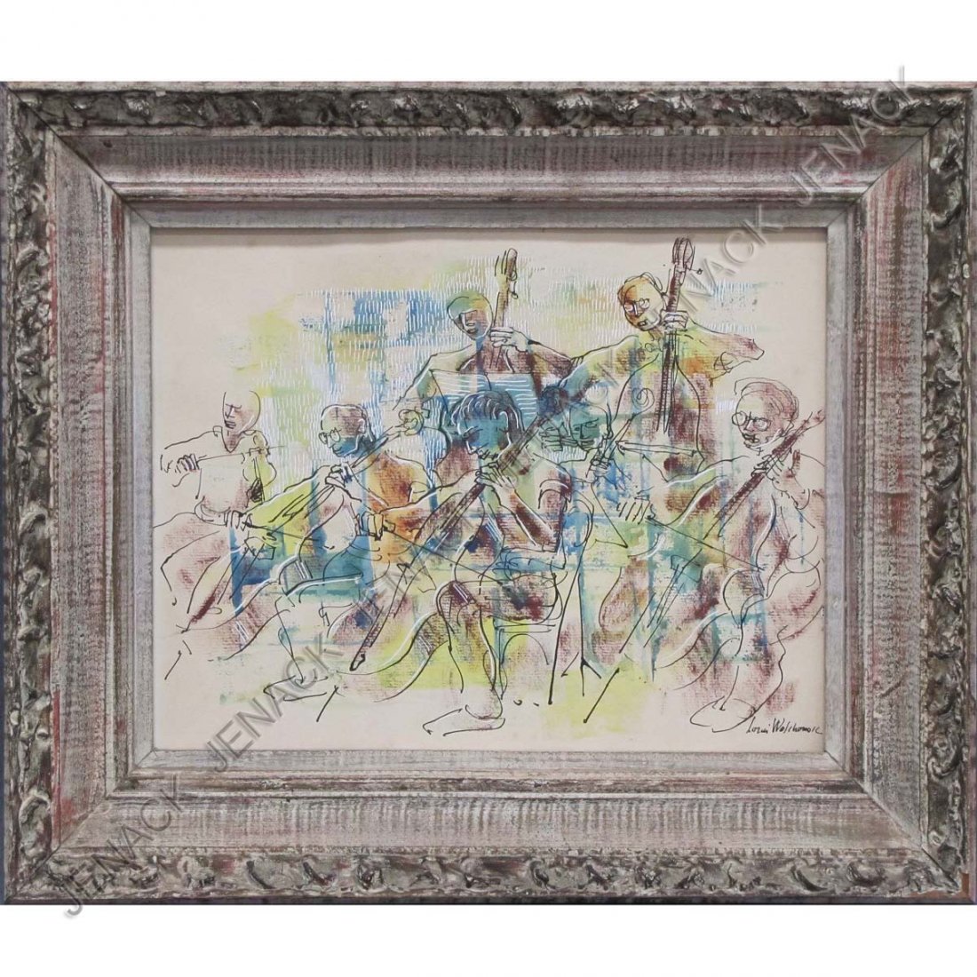 LOUIS WOLCHONOK (AMERICAN WOODSTOCK 1898-1973): LOUIS WOLCHONOK (AMERICAN WOODSTOCK 1898-1973), INK, WATERCOLOR AND GOUACHE ON PAPER, STRING SECTION, SIGNED. SIGHT 10 1/2 X 13 1/2"; FRAMED AND GLAZED 17 X 19 1/2"