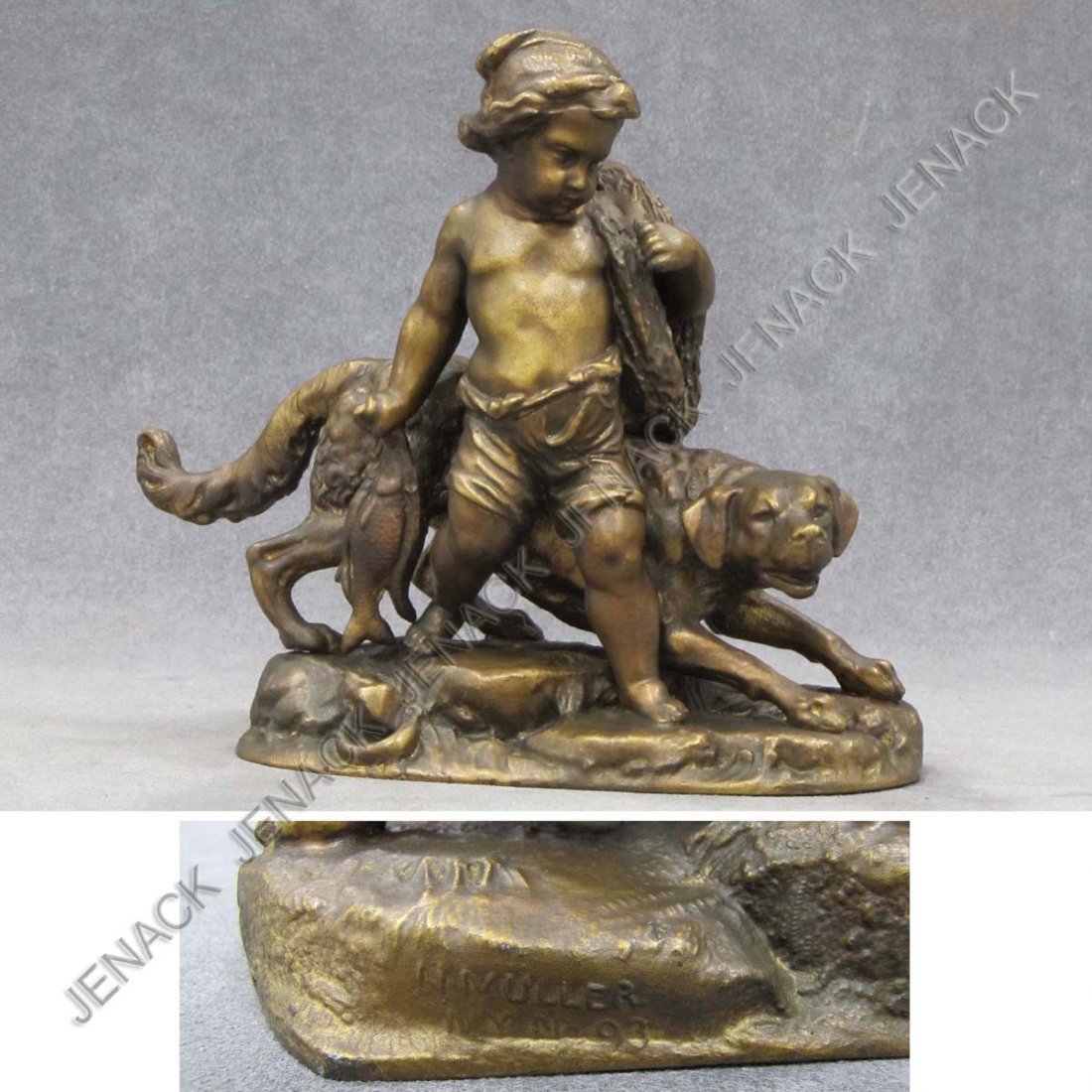 CONTINENTAL SCHOOL (20TH CENTURY): CONTINENTAL SCHOOL (20TH CENTURY), GILT METAL FIGURE, CHILD WITH DOG, SIGNED MULLER. HEIGHT 7 1/2"