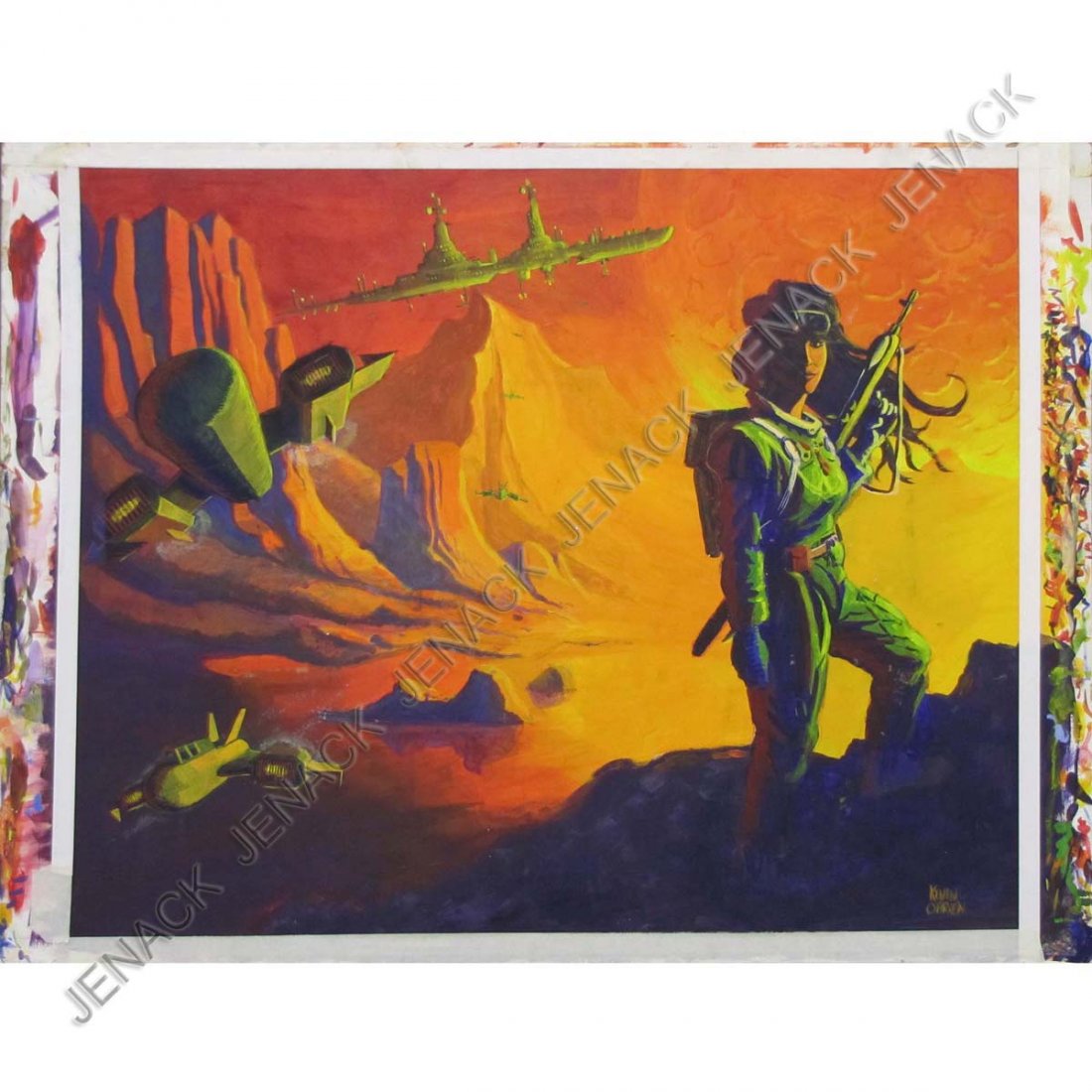 AMERICAN SCHOOL (20TH CENTURY), OIL ON PAPER: AMERICAN SCHOOL (20TH CENTURY), OIL ON PAPER, SCIENCE FICTION ILLUSTRATION, SIGNED KEVIN O'BRIEN. MOUNTED 30 X 40"