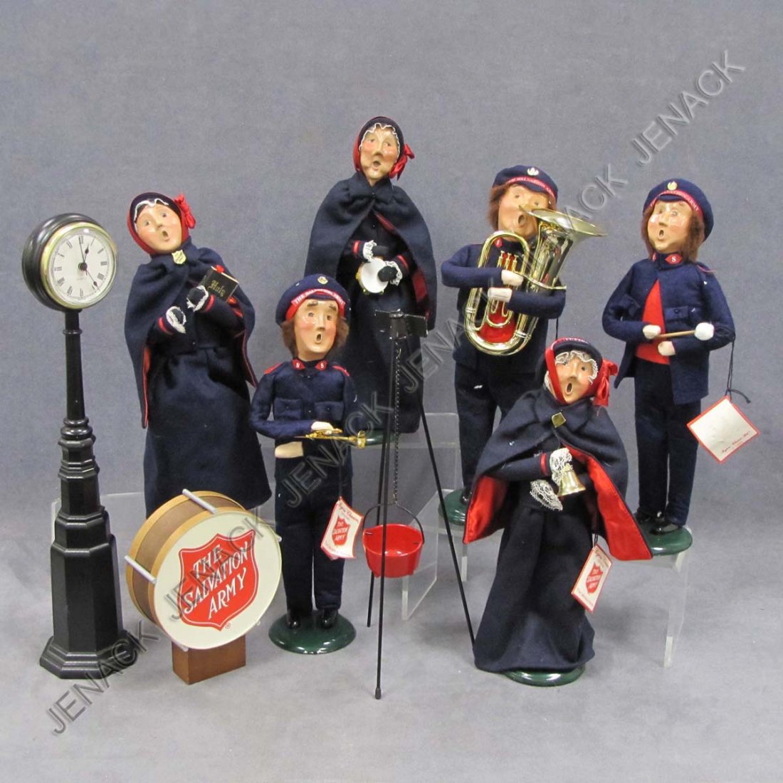 LOT (6) BYERS CHOICE CHRISTMAS CAROLERS: LOT (6) BYERS CHOICE CHRISTMAS CAROLERS, "THE SALVATION ARMY BAND" WITH DRUM, CLOCK, AND KETTLE, 1992