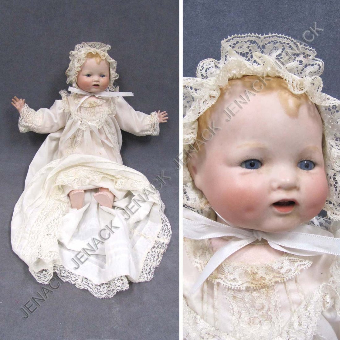 GRACE STOREY PUTNAM BISQUE BI-LO DOLL WITH CLOTH: GRACE STOREY PUTNAM BISQUE BI-LO DOLL WITH CLOTH BODY AND CHRISTENING DRESS. HEIGHT 18" (MISSING INDEX FINGER)