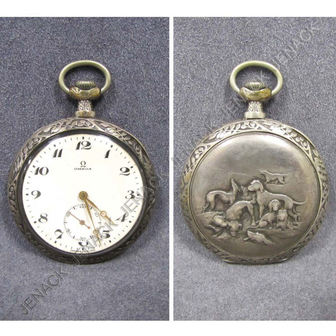 VINTAGE OMEGA .900 SILVER OPEN FACE POCKET WATCH: VINTAGE OMEGA .900 SILVER OPEN FACE POCKET WATCH WITH EMBOSSED HUNTING DOGS CASE. DIAMETER 51MM
