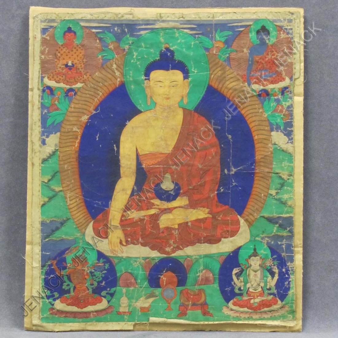 TIBET/NEPAL HAND PAINTED THANKA: TIBET/NEPAL HAND PAINTED THANKA, 19TH CENTURY. 16 X 13 1/2"