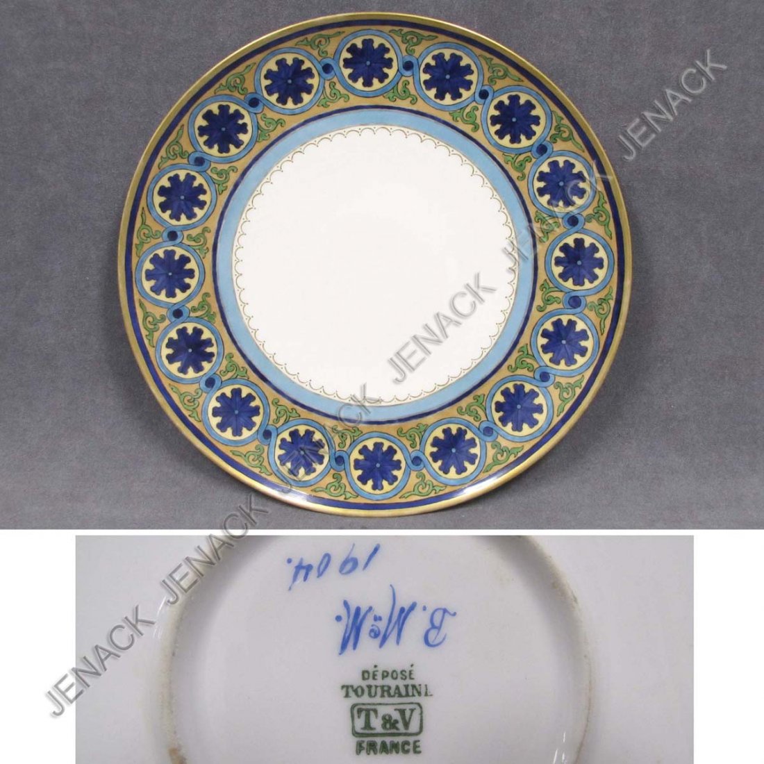 ARTS & CRAFTS (WILLIAM MORRIS) DESIGN PLATTER: ARTS & CRAFTS (WILLIAM MORRIS) DESIGN HAND PAINTED LIMOGES PORCELAIN PLATTER, SIGNED 1904. DIAMETER 12 1/4"