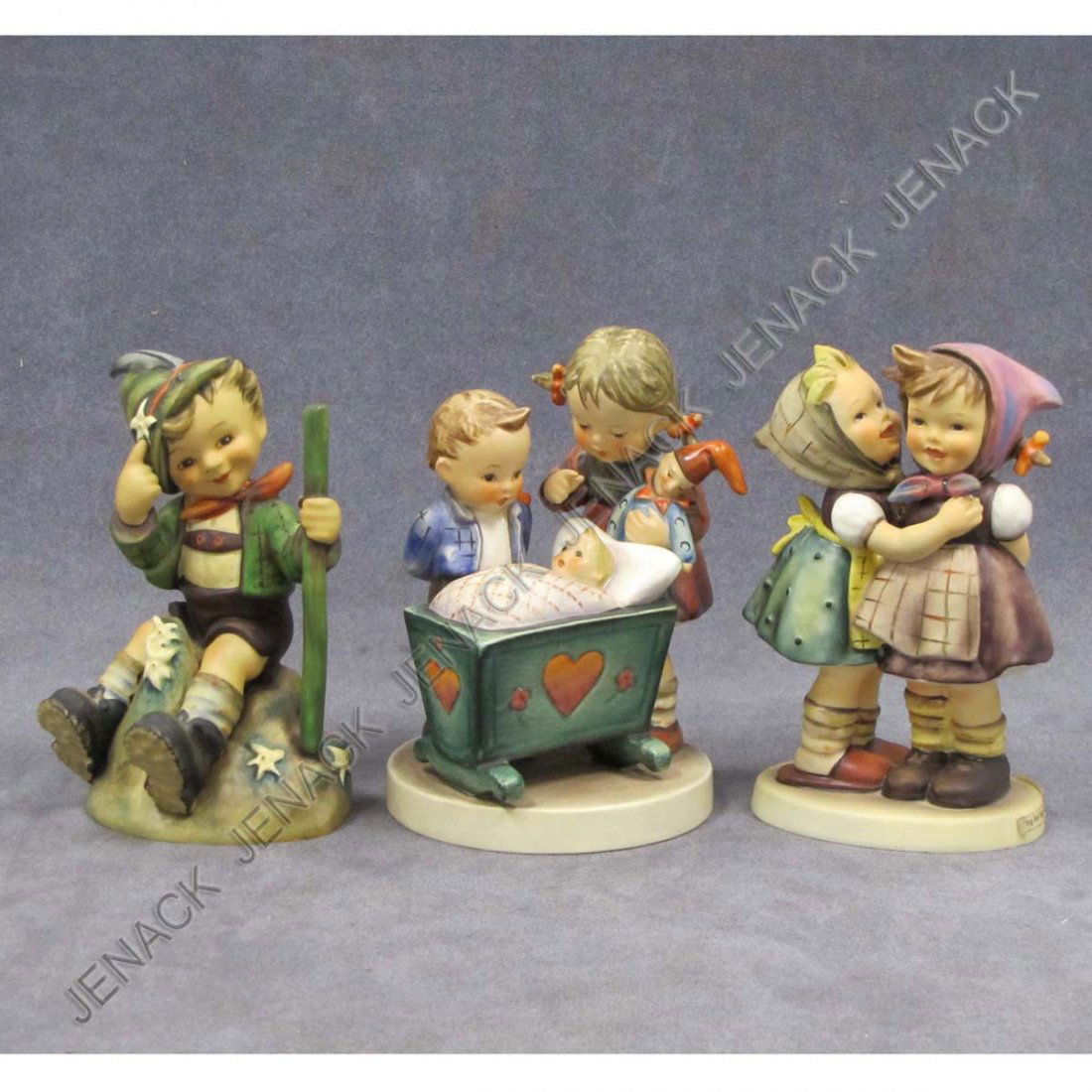 LOT (3) HUMMEL FIGURES INCLUDING BLESSED EVENT: LOT (3) HUMMEL FIGURES INCLUDING BLESSED EVENT, #333, 3-LINE, HEIGHT 5 1/2"; MOUNTAINEER, 3-LINE, #315, HEIGHT 5 1/4"; TELLING HER SECRET, #196/0, 3-LINE, HEIGHT 5 1/4"