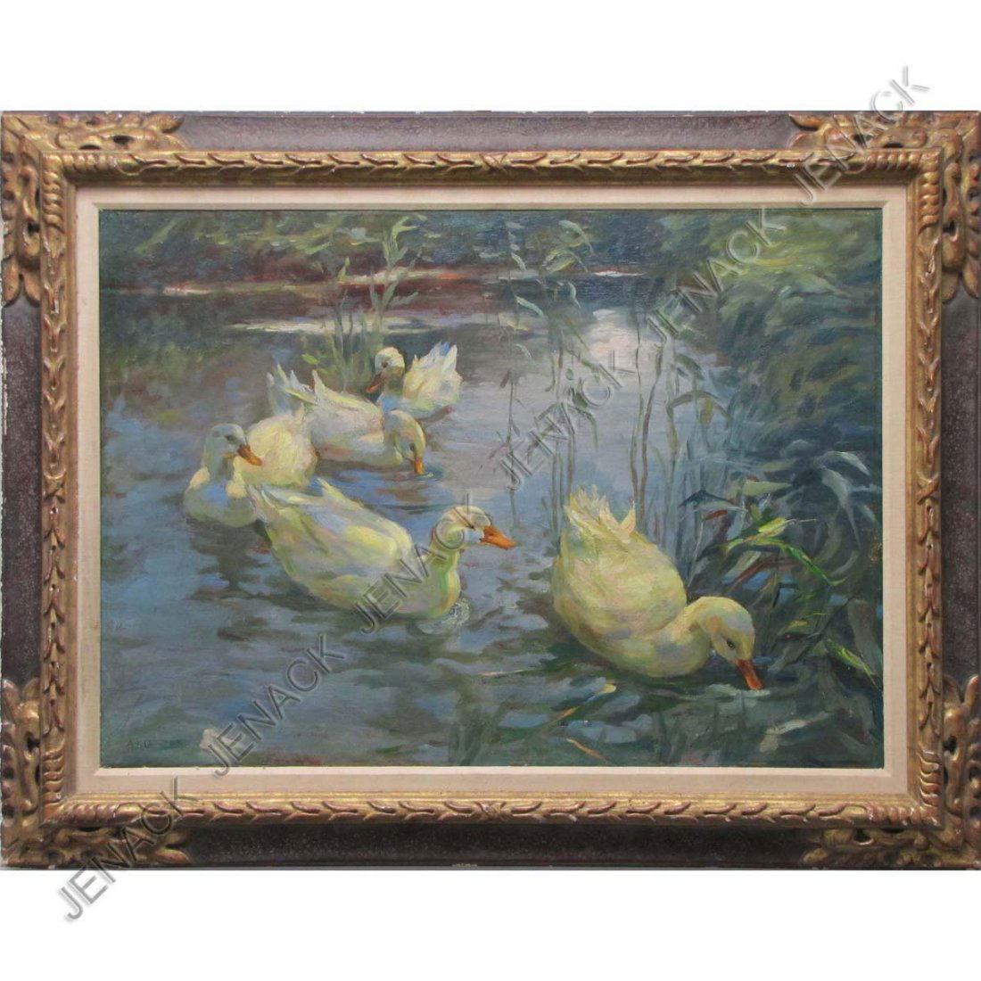 ALEXANDER MAX KOESTER: ALEXANDER MAX KOESTER (GERMAN/AMERICAN NY 1864-1932), OIL ON CANVAS, DUCKS IN A POND, SIGNED. 20 X 28 1/2"; FRAMED 27 X 35" (RELINED)