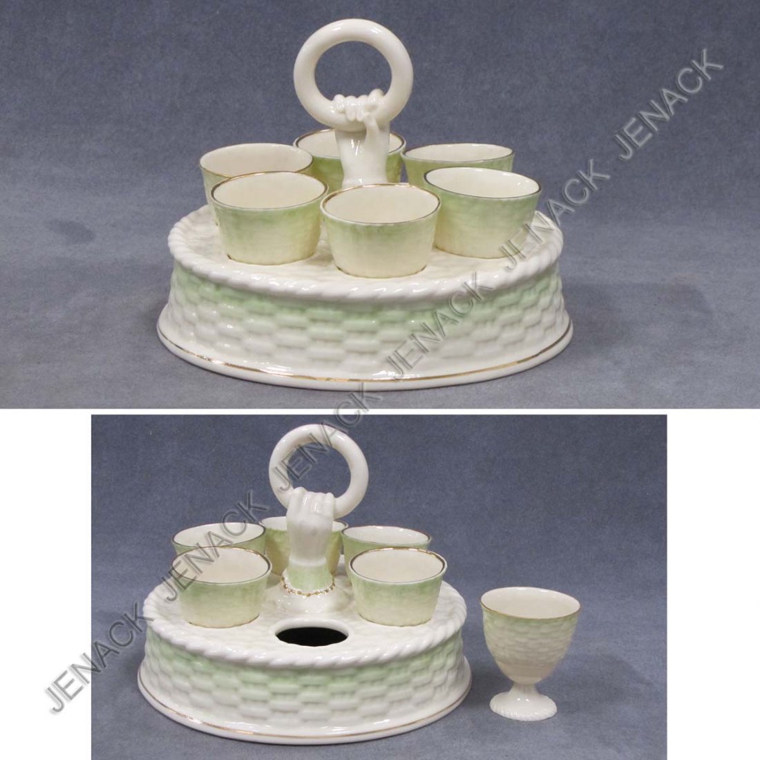 LOT (7) BELLEEK INCLUDING (6) EGG CUPS: LOT (7) BELLEEK INCLUDING (6) EGG CUPS, HEIGHT 2 3/8" WITH FIGURAL HANDLED EGG STAND (1/CUP WITH HAIRLINE)