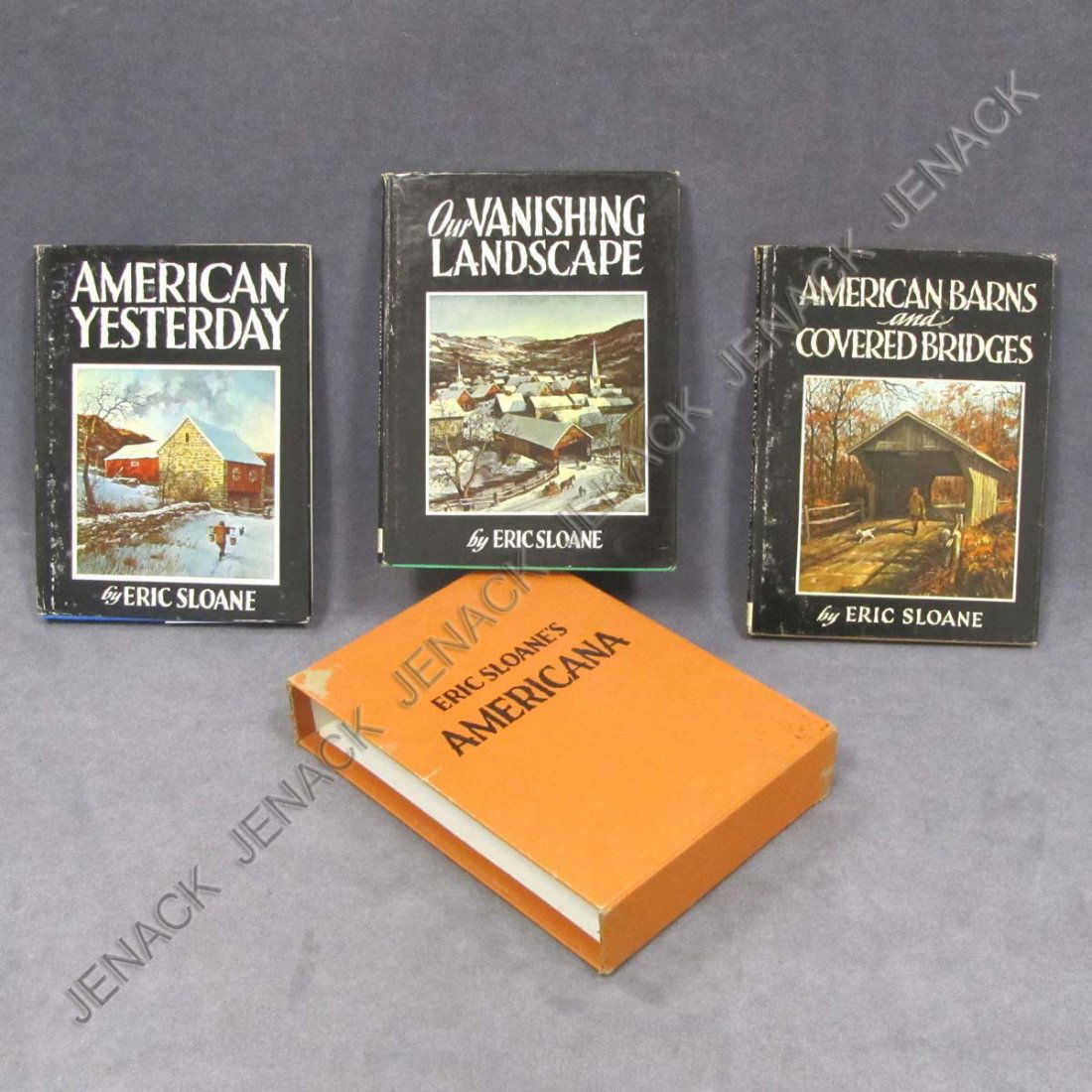 ERIC SLOANE'S AMERICANA, (3) VOLUMES: ERIC SLOANE'S AMERICANA, (3) VOLUME SET INCLUDING BARNS & COVERED BRIDGES 1954; VANISHING LANDSCAPE 1955; AMERICAN YESTERDAY 1956; SLIP CASED (D.J.'S)