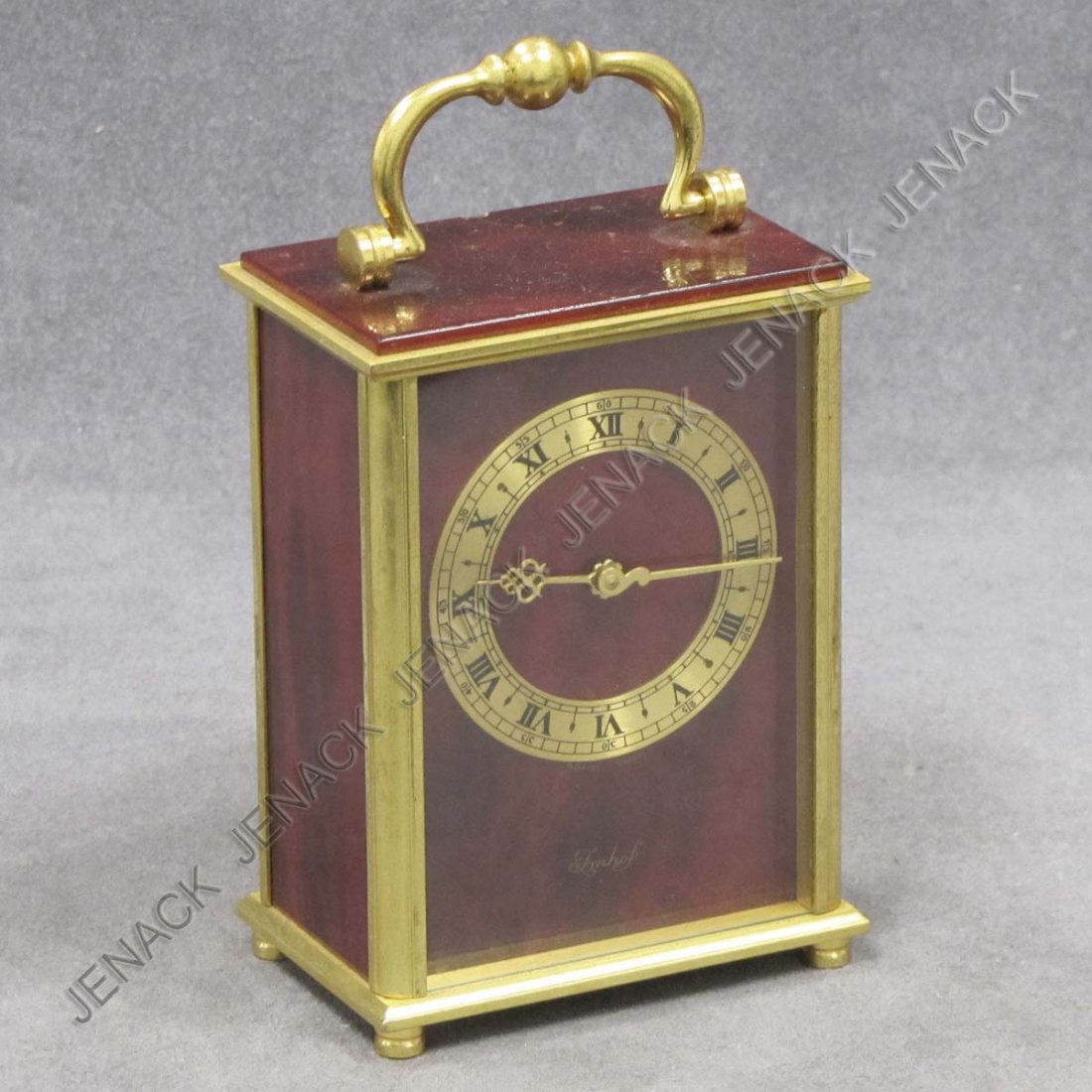 SWISS IMHOF 15-JEWEL ENAMELED BRASS CARRIAGE CLOCK: SWISS IMHOF 15-JEWEL ENAMELED BRASS CARRIAGE CLOCK. HEIGHT 6 1/4"