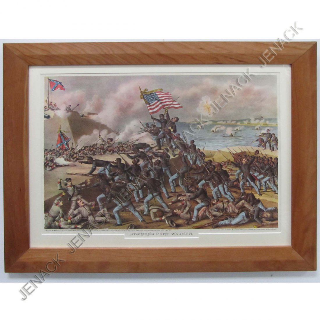 KURZ & ALLISON CHROMOLITHOGRAPH, "FORT WAGNER”: KURZ & ALLISON CHROMOLITHOGRAPH, "STORMING FORT WAGNER, JULY 18, 1863", 1890. SIGHT 15 X 21"; FRAMED AND GLAZED-21 1/2 X 27 1/2"