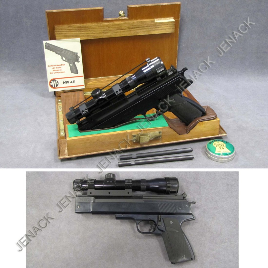 VINTAGE HERMANN WEIHRAUCH, "HW45" AIR PISTOL, 4.5M: VINTAGE HERMANN WEIHRAUCH, "HW45" AIR PISTOL, 4.5MM, #364084, 1989 (WITH .177, 20 & .22 CAL BARRELS TASCO 3 X 20 SCOPE, PAPERS, PELLETS, & CUSTOM WOOD CASE)