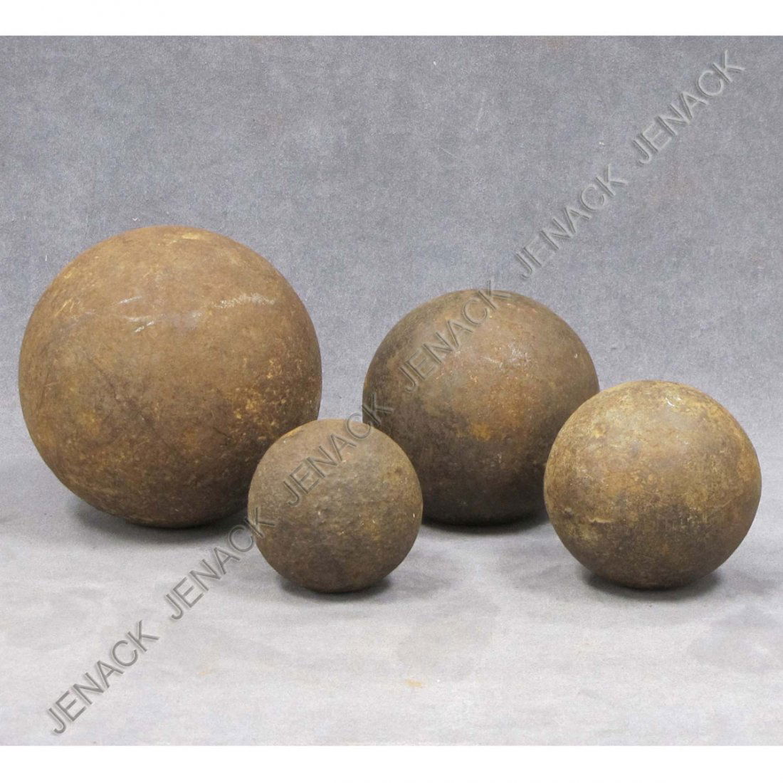 LOT (4) ASSORTED IRON RELIC CANNON BALLS: LOT (4) ASSORTED IRON RELIC CANNON BALLS, 18/19TH CENTURY. DIAMETER 3 1/4-6"; 4-12 POUNDS