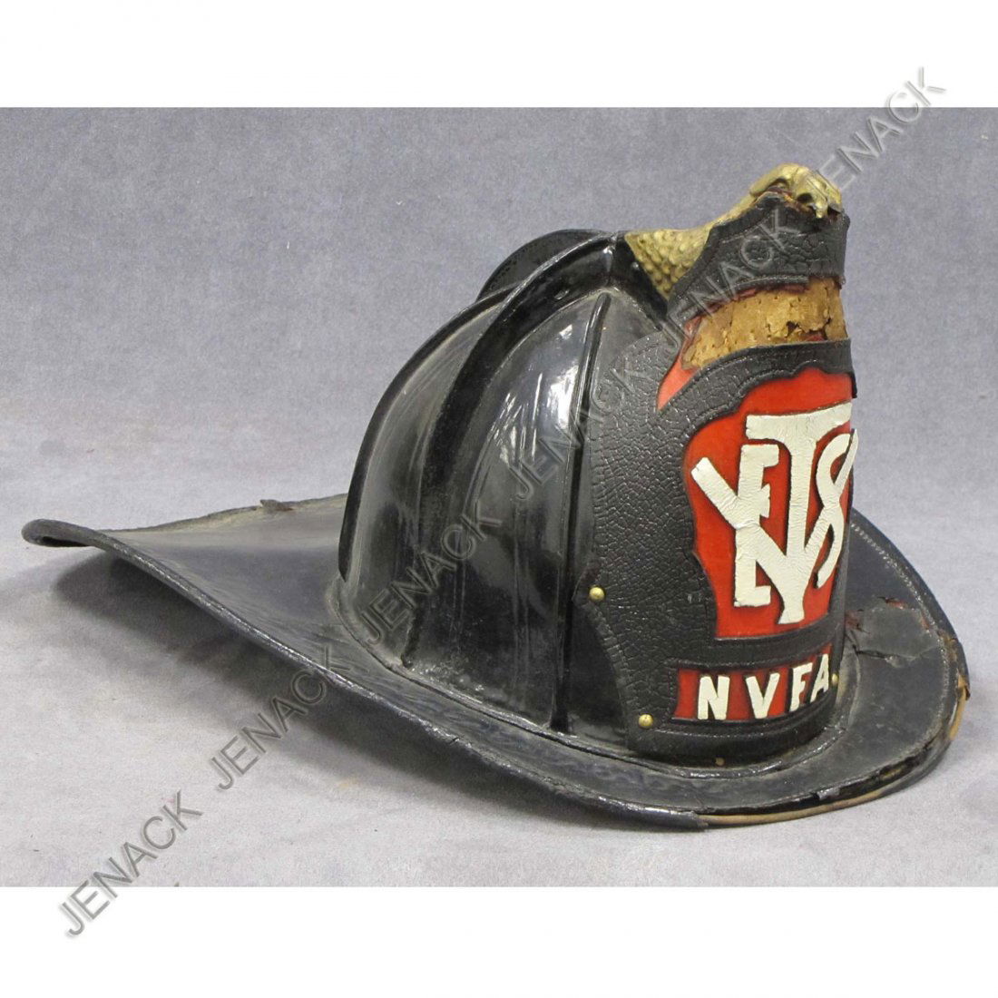 ANTIQUE CAIRNS (8-PANEL) LEATHER HIGH EAGLE HELMET: ANTIQUE CAIRNS (8-PANEL) LEATHER HIGH EAGLE FIREMAN'S HELMET, 19TH CENTURY (IMPERFECTIONS)