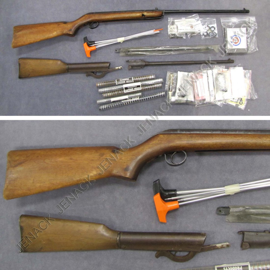 VINTAGE B.S.A. "CADET-MAJOR" AIR RIFLE .177 CAL : VINTAGE B.S.A. "CADET-MAJOR" AIR RIFLE .177 CAL #C25302, 1948, LENGTH 42 1/2" (INCOMPLETE); LOT ASSORTED AIR RIFLE PARTS INCLUDING STOCK, BARREL, SPRINGS, SEALS, ETC