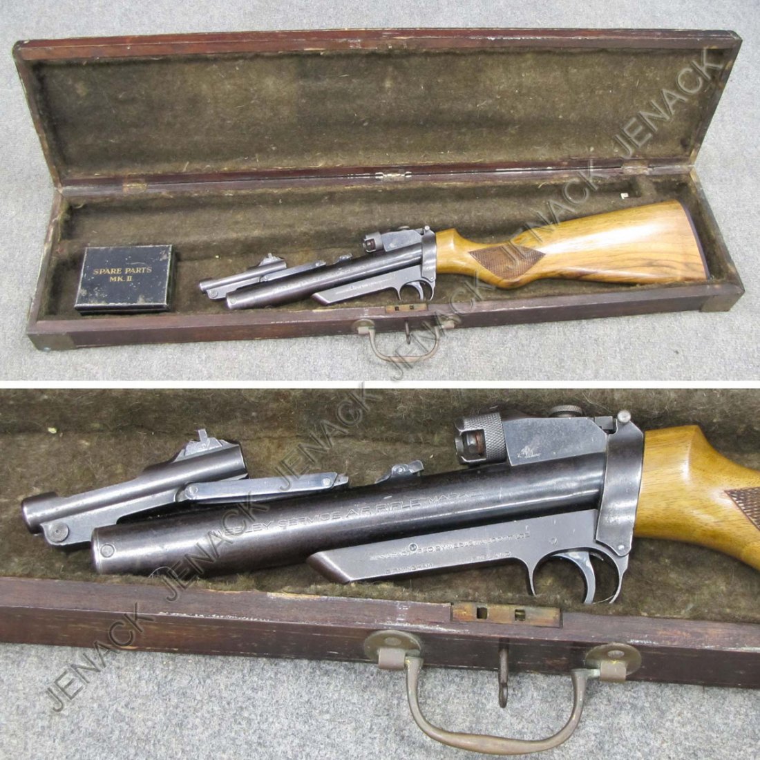VINTAGE WEBLEY & SCOTT "SERVICE MKII" AIR RIFLE: VINTAGE WEBLEY & SCOTT "SERVICE MKII" AIR RIFLE, .22 CAL #S-5361, C.1930'S. LENGTH 34 1/2" (WITH ANTIQUE COPPER MOUNTED BOX) (NO BARREL)