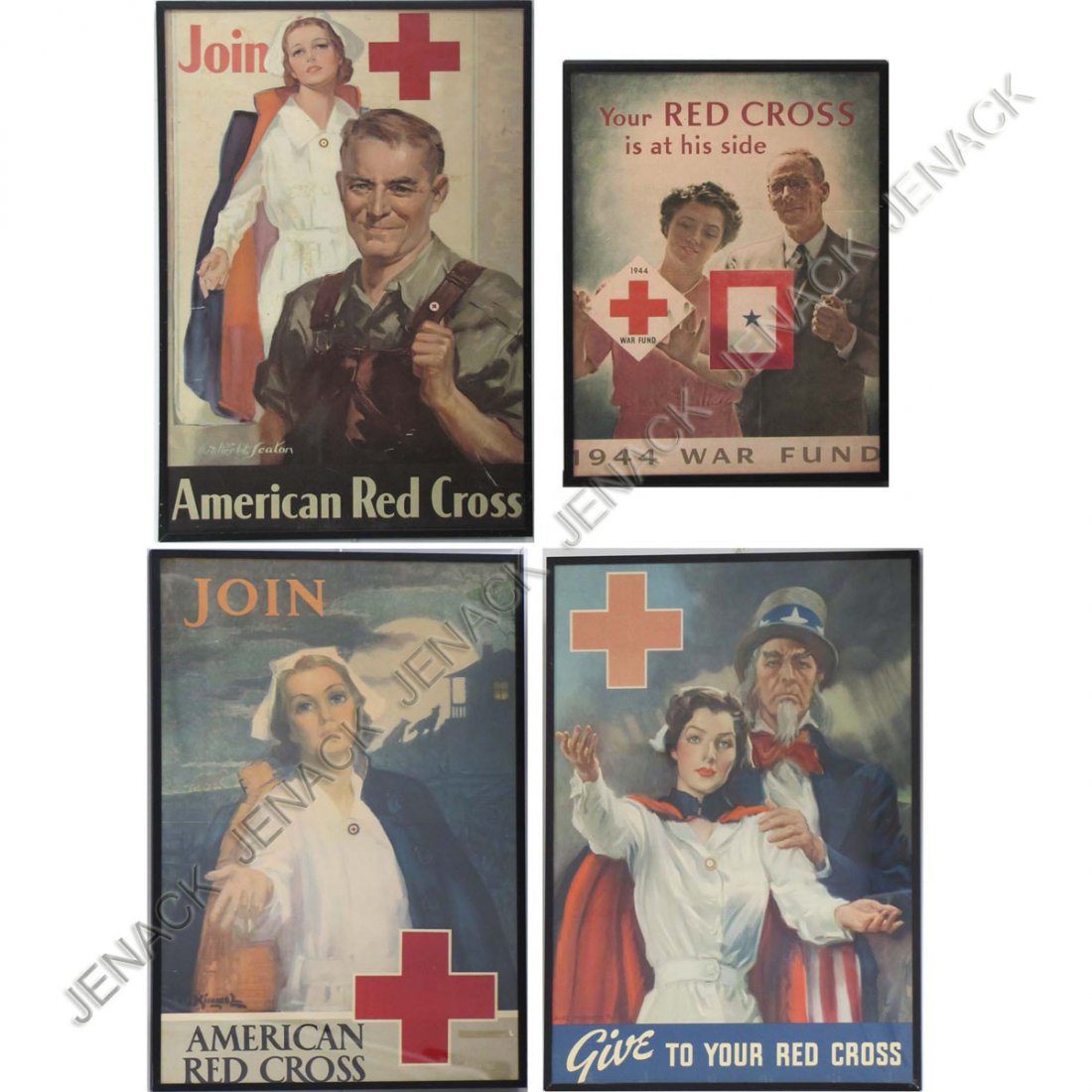 LOT (4) ASSORTED WWII ERA RED CROSS LITHOGRAPHIC: LOT (4) ASSORTED WWII ERA RED CROSS LITHOGRAPHIC POSTERS INCLUDING GIVE TO THE RED CROSS, JAMES MONTGOMERY FLAGG, FRAMED AND GLAZED-28 X 20 1/2"; (2) JOIN THE RED CROSS, L.V. KIMMEL & WALTER SEATON, F