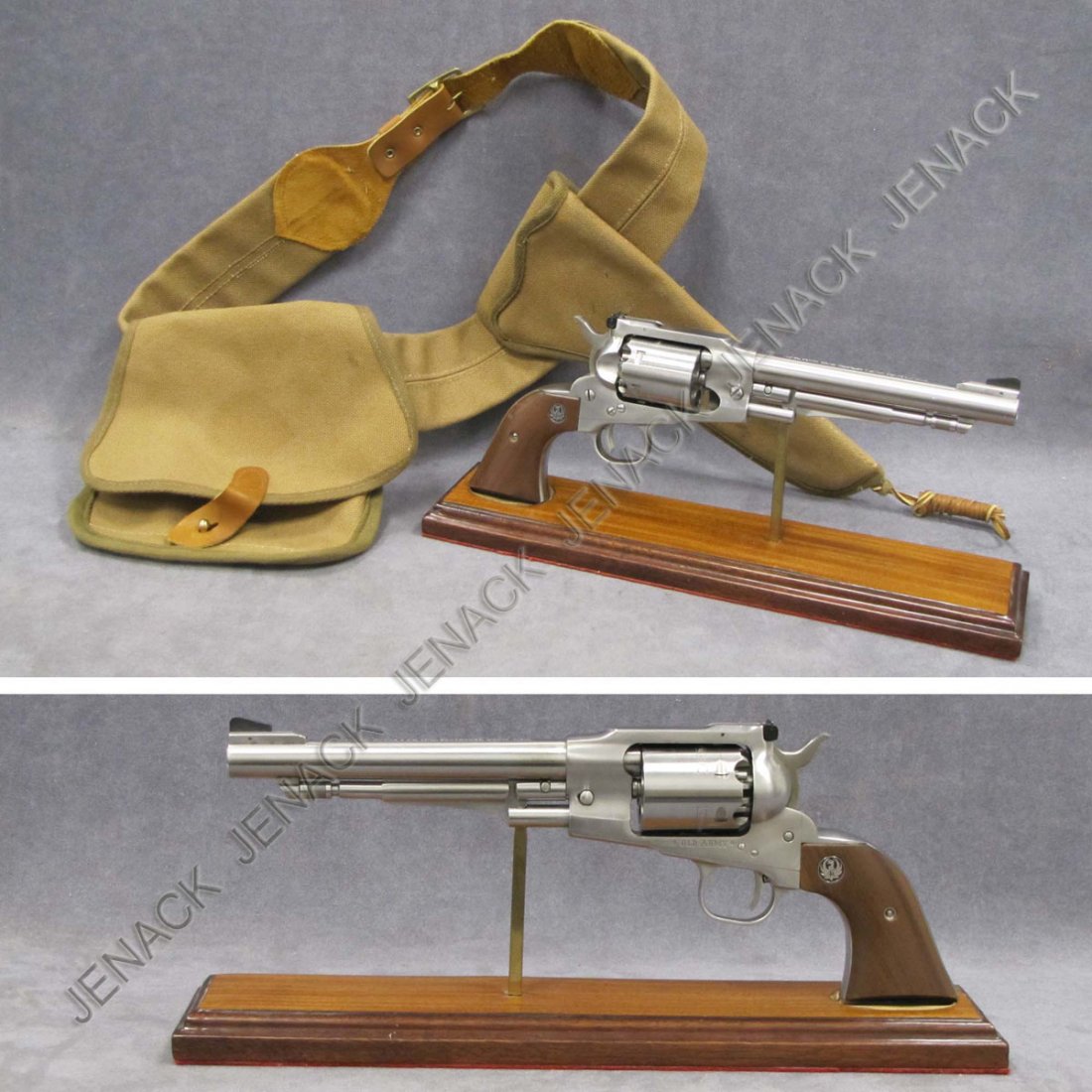 STURM RUGER "OLD ARMY" STAINLESS .45 CAL REVOLER: STURM RUGER "OLD ARMY" STAINLESS .45 CAL PERCUSSION REVOLVER, #145-62525, BL 7 1/2" (WITH MAHOGANY STAND AND E. CHRISTOPHER GUN BELT, HOLSTER, AND BAG)