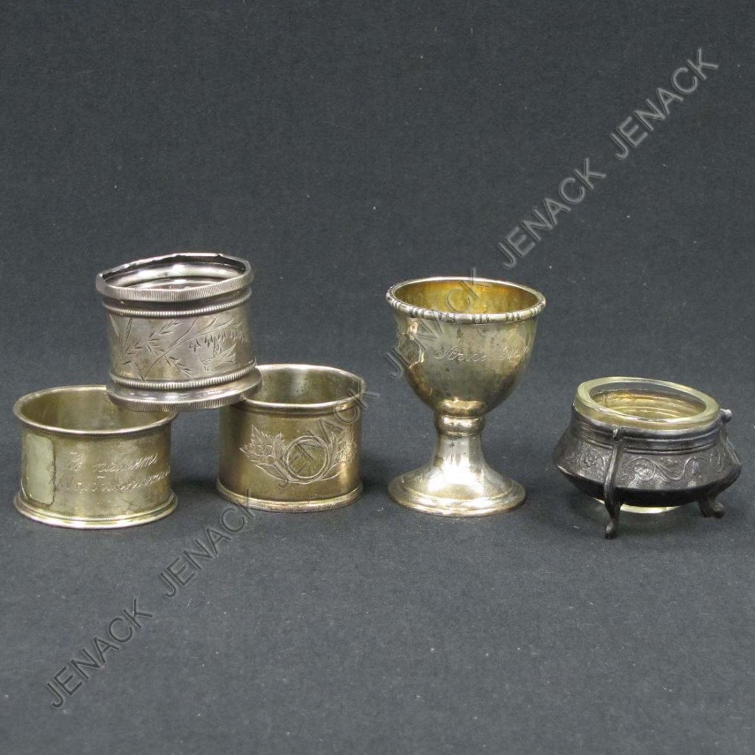 LOT (5) SILVER INCLUDING GILT SILVER EGG CUP: LOT (5) SILVER INCLUDING GILT SILVER EGG CUP; PAIR RUSSIAN 84 SILVER NAPKIN RINGS; SILVER NAPKIN RING AND SILVER/GLASS OPEN SALT; 4.21 OZT