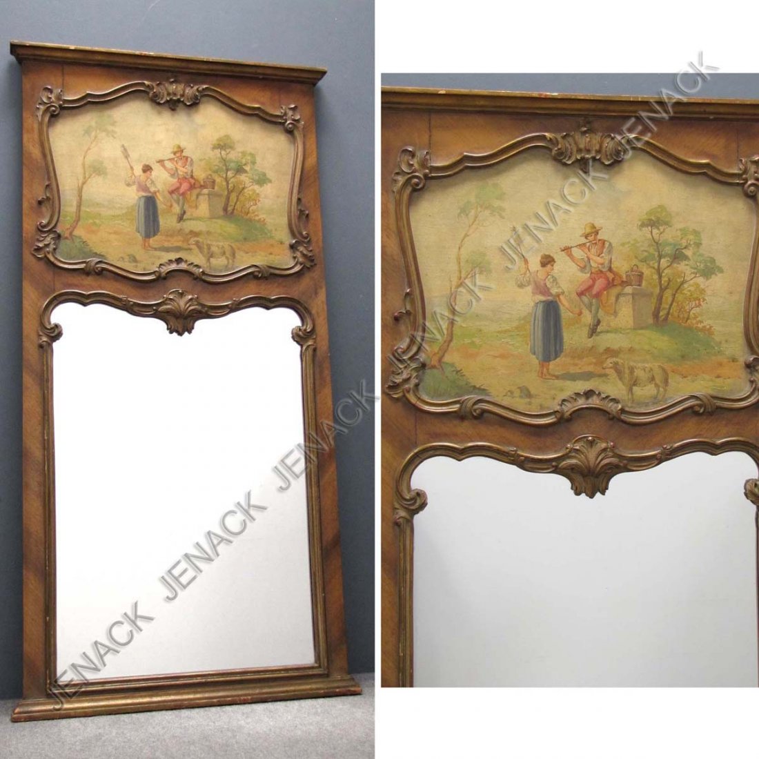 FRENCH CARVED AND HAND DECORATED TRUMEAU MIRROR: FRENCH CARVED AND HAND DECORATED TRUMEAU MIRROR. HEIGHT 58"; WIDTH 28"