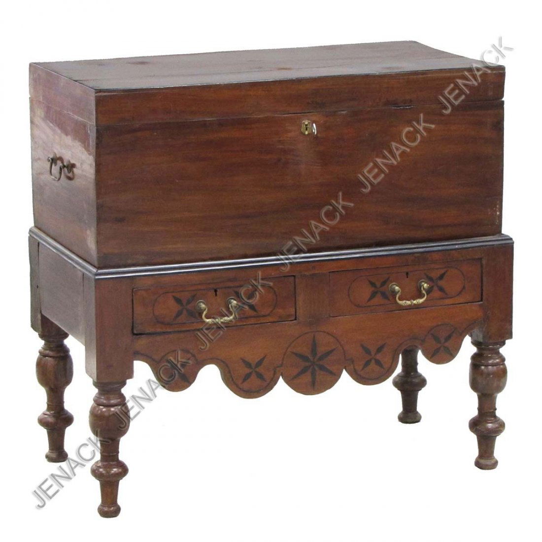 ANGLO-INDIAN CARVED EBONY INLAID MAHOGANY CHEST: ANGLO-INDIAN CARVED EBONY INLAID MAHOGANY CHEST ON STAND, 19TH CENTURY. HEIGHT 35"; WIDTH 36"