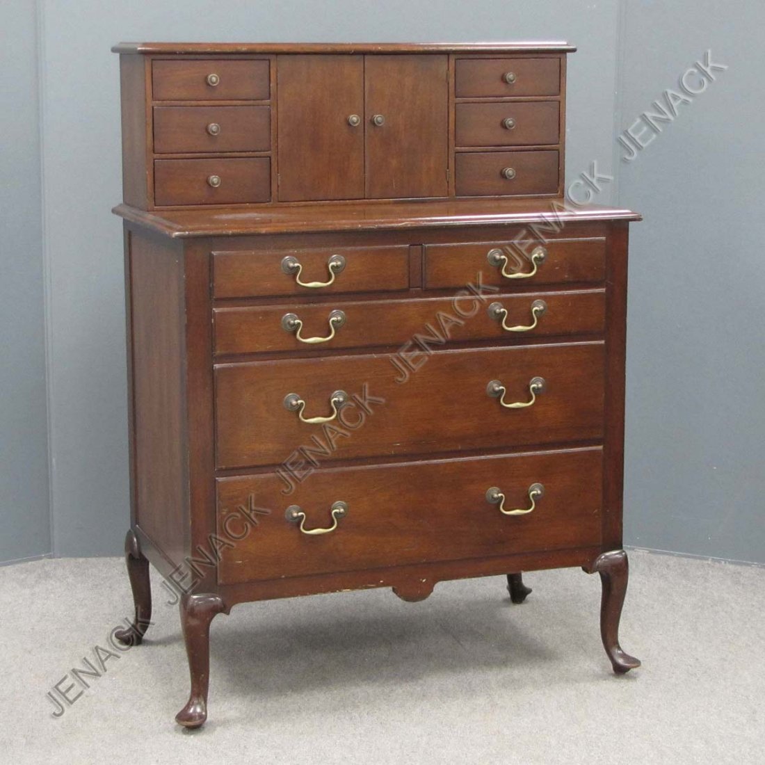 QUEEN ANNE STYLE CARVED MAHOGANY DESK/BUREAU: QUEEN ANNE STYLE CARVED MAHOGANY DESK/BUREAU, SIGNED P. NATHAN. HEIGHT 43"; WIDTH 31"