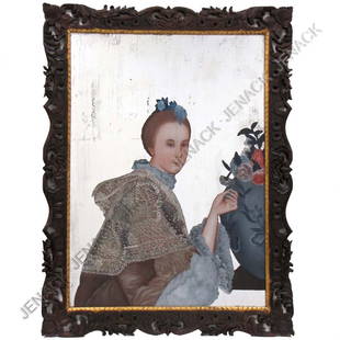 CHINESE EXPORT EGLOMISE PORTRAIT MIRROR: CHINESE EXPORT EGLOMISE PORTRAIT MIRROR WITH CARVED FRAME. 33 X 26"