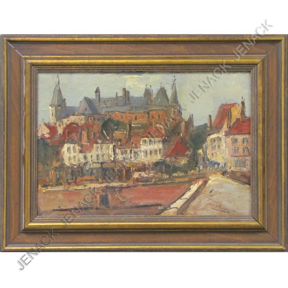 WINSTON SPENCER CHURCHILL (BRITISH 1874-1965), OIL: WINSTON SPENCER CHURCHILL (BRITISH 1874-1965), OIL ON PANEL, CITY SCENE, STAMPED. 9 1/2 X 14 1/2"; FRAMED 14 1/2 X 19" WITH LETTER FROM PAUL MORO INC. 234 W 56TH, NEW YORK-RESTORER 1977