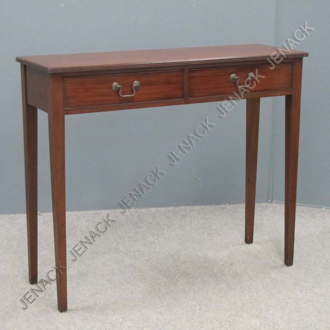 HEPPLEWHITE STYLE MAHOGANY CONSOLE TABLE: HEPPLEWHITE STYLE CARVED MAHOGANY DOUBLE-DRAWER CONSOLE TABLE. HEIGHT 30"; WIDTH 36"