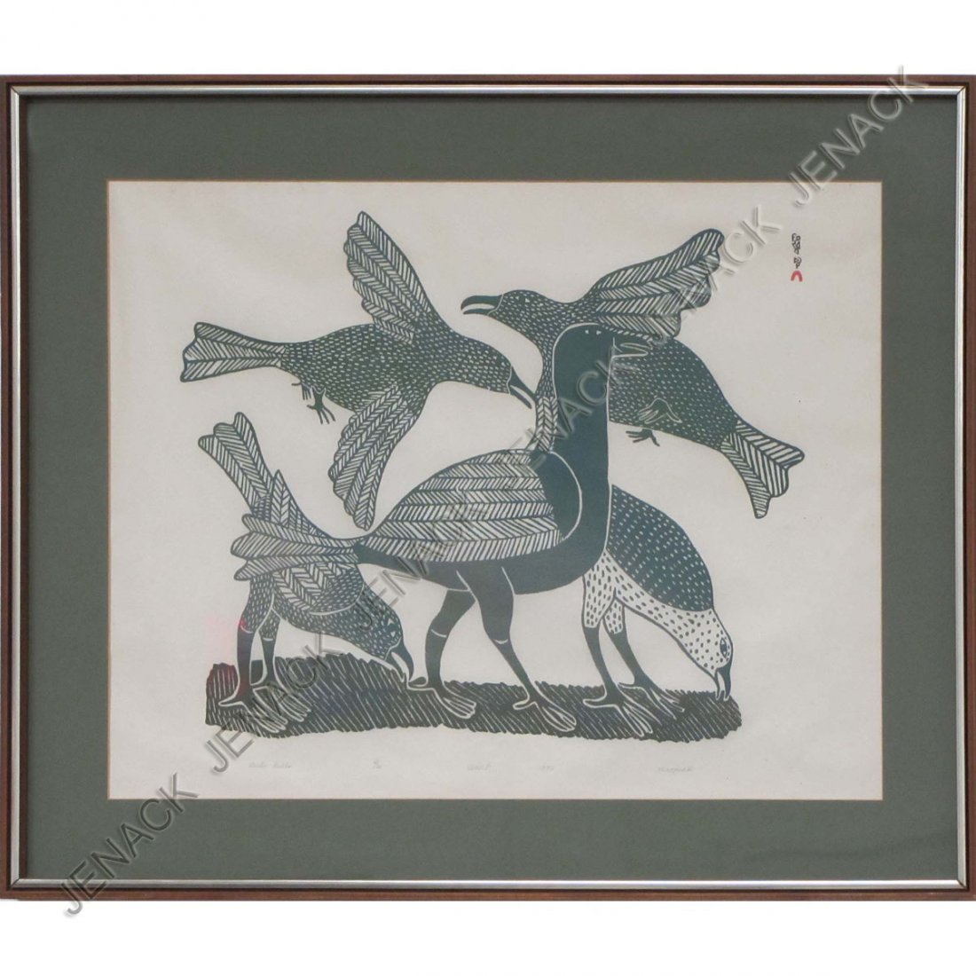 KENOJUAK (INUIT, ESKIMO, DORCET, 20TH CENTURY) : KENOJUAK (INUIT, ESKIMO, DORCET, 20TH CENTURY) STONE CUT "ARTIC GULLS", SIGNED & TITLED #11/50, 1972. SIGHT 22 X 28"; FRAMED & GLAZED 29 X 35"