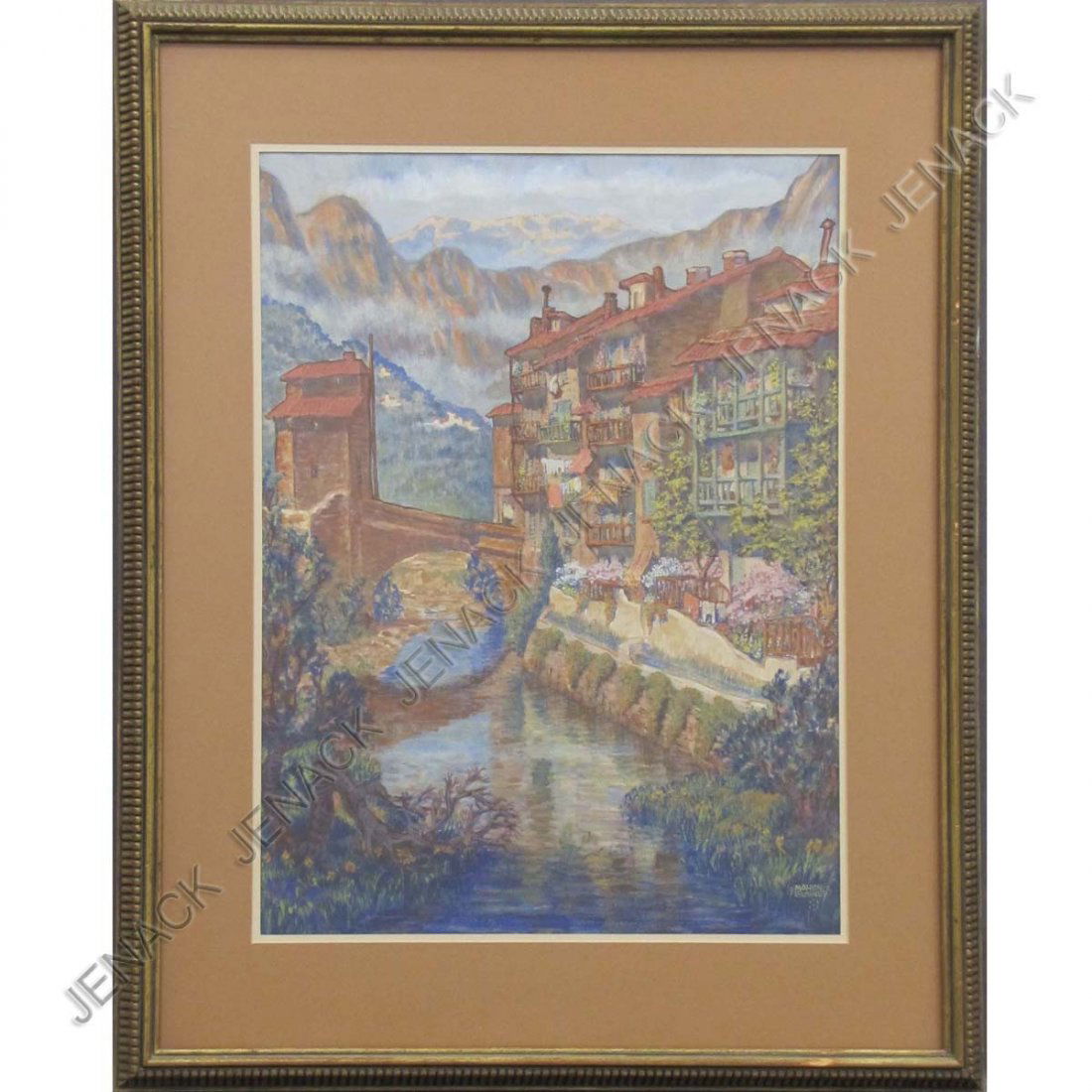 MAHLON BLAINE (CALIFORNIA 1894-1969), WATERCOLOR: MAHLON BLAINE (CALIFORNIA 1894-1969), WATERCOLOR AND GOUACHE, ALPINE VILLAGE, SIGNED 1963. 23 X 17"; FRAMED AND GLAZED-32 X 25 1/2"