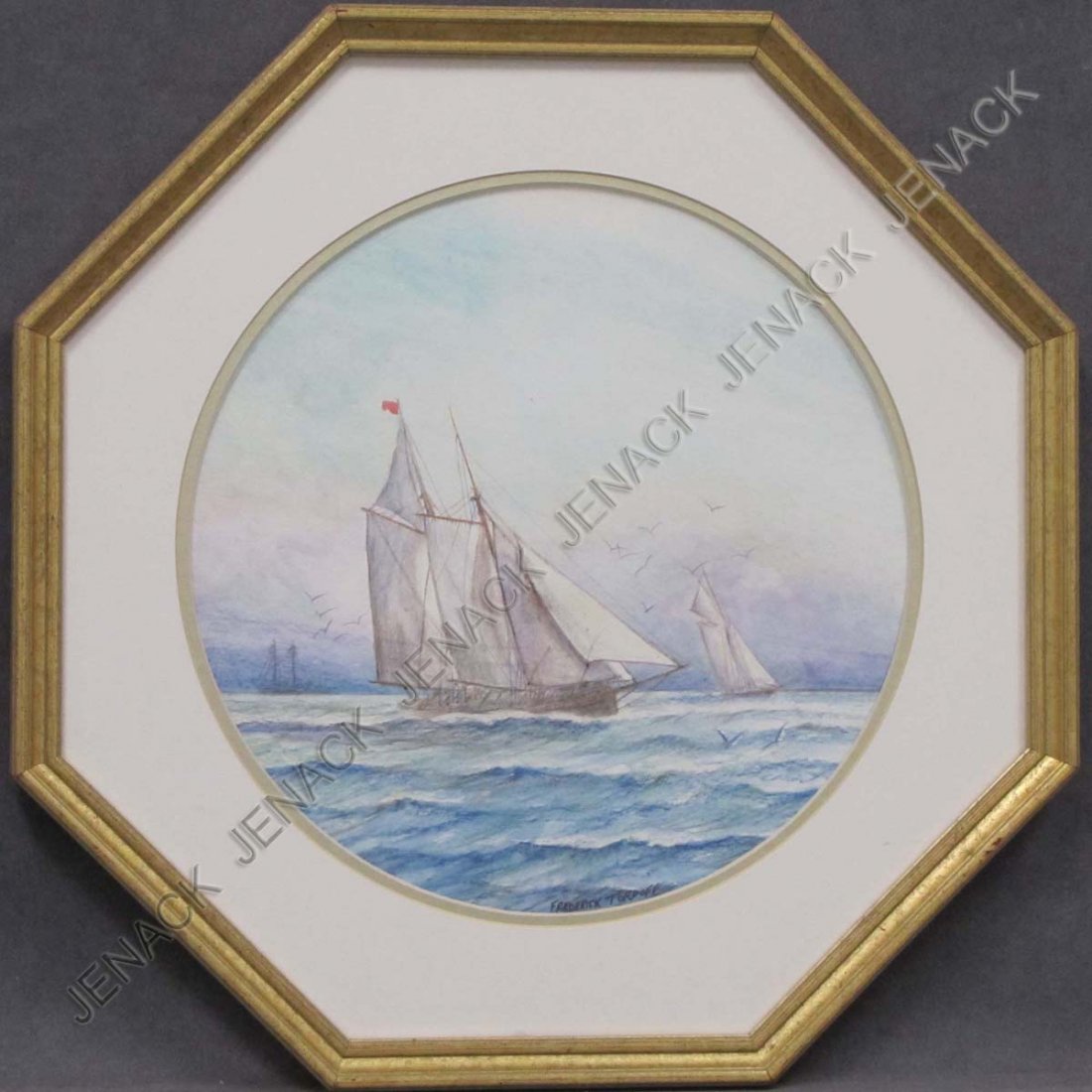 FREDERICK TORDOFF (ANGLO/AMERICAN 20TH CENTURY): FREDERICK TORDOFF (ANGLO/AMERICAN 20TH CENTURY), WATERCOLOR, "AMERICA'S CUP YACHT RACING AROUND SANDY HOOK LIGHT HOUSE", SIGNED. DIAMETER 12"; FRAMED AND GLAZED-17 X 17"