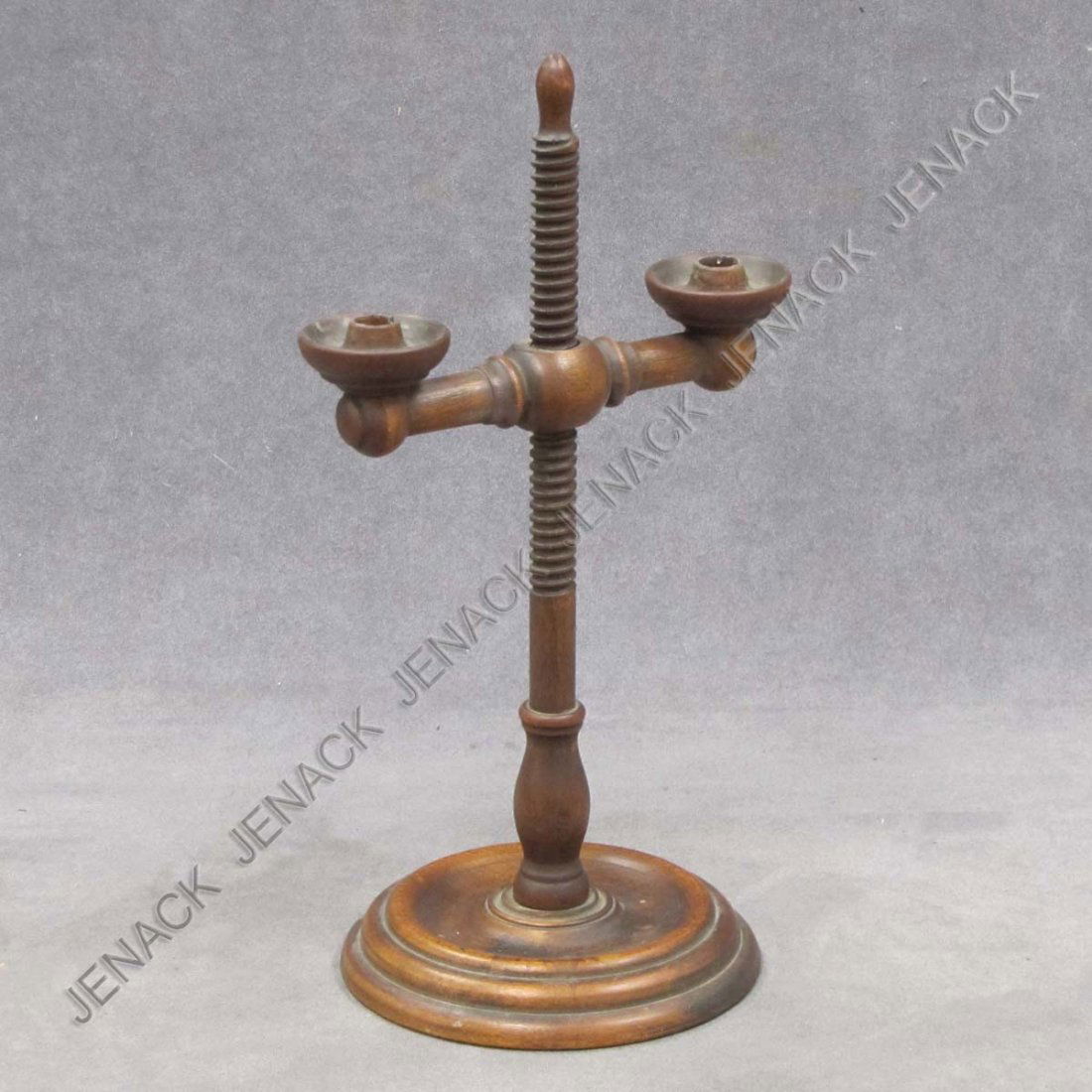 WALLACE NUTTING TURNED WOOD ADJUSTABLE CANDLESTICK: WALLACE NUTTING TURNED WOOD ADJUSTABLE CANDLESTICK, INSCRIBED ON BOTTOM "MADE FOR MY FATHER BY MR. NUTTING". HEIGHT 12"